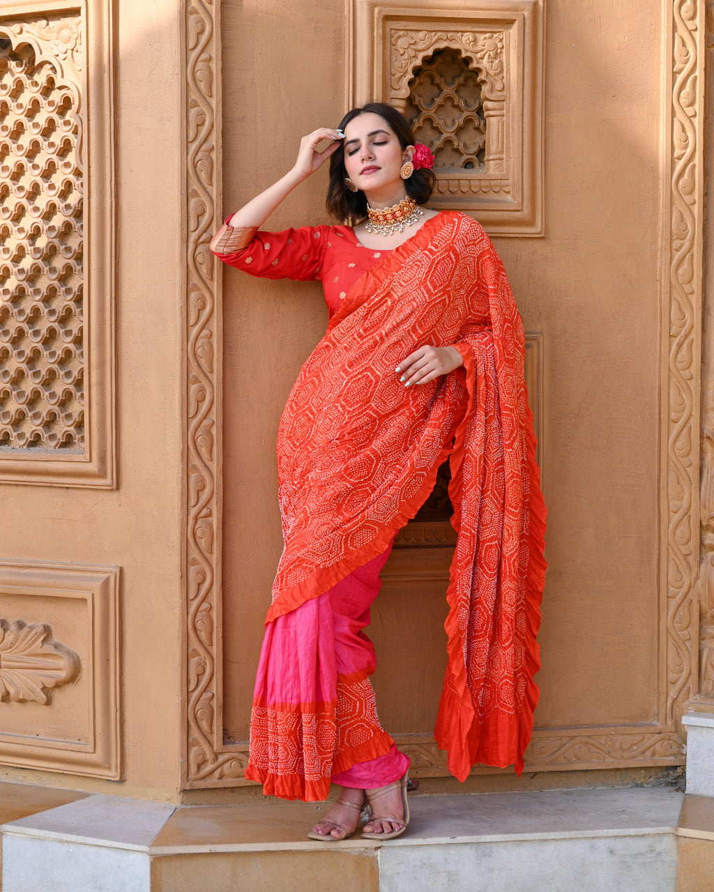 PINK-ORANGE YIN-YANG HALF FULL HALF EMPTY POPPY FLOWER BANDHANI SILK SAREE