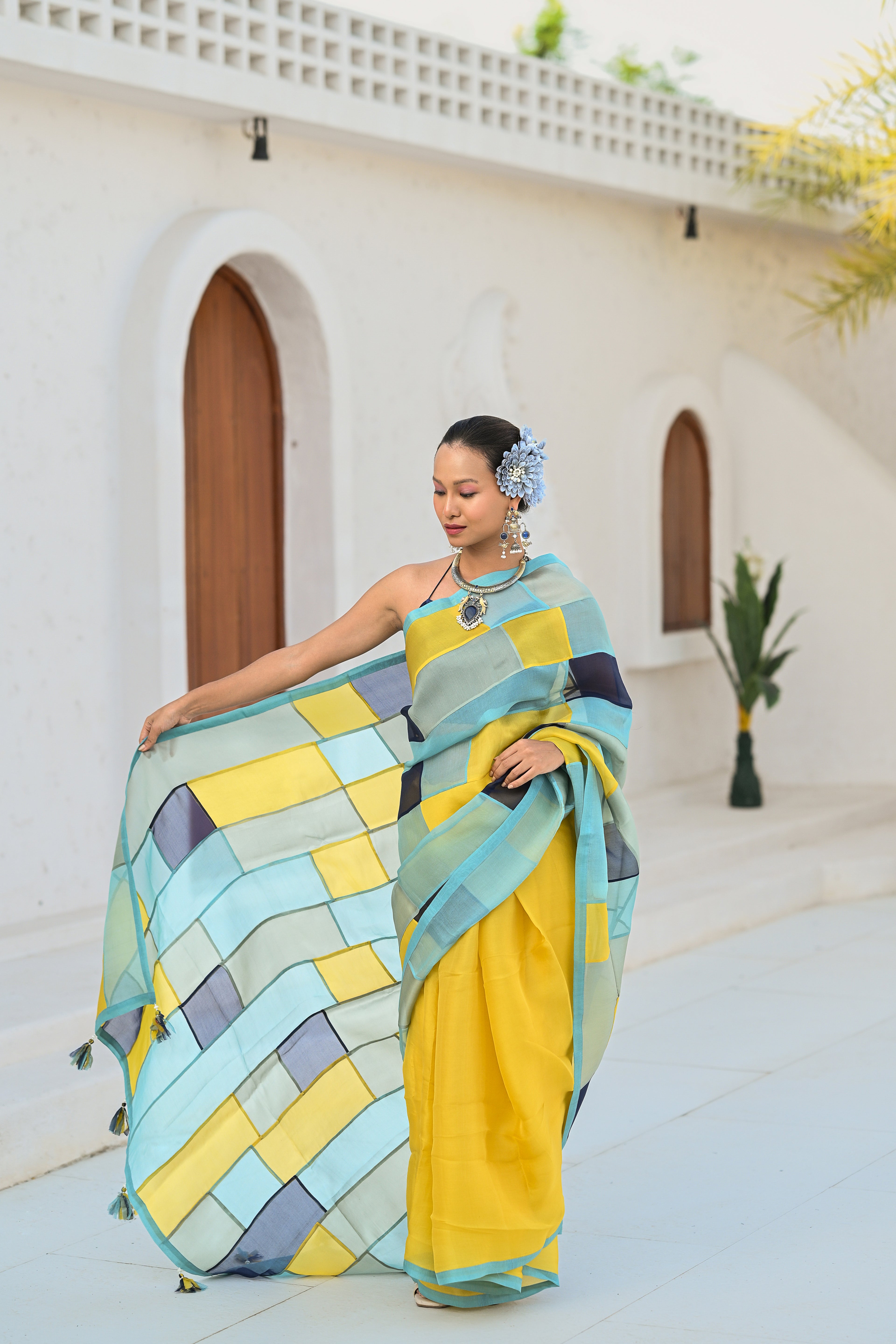 LIGHT BLUE - YELLOW PATCHWORK ORGANZA SAREE WITH TASSELS