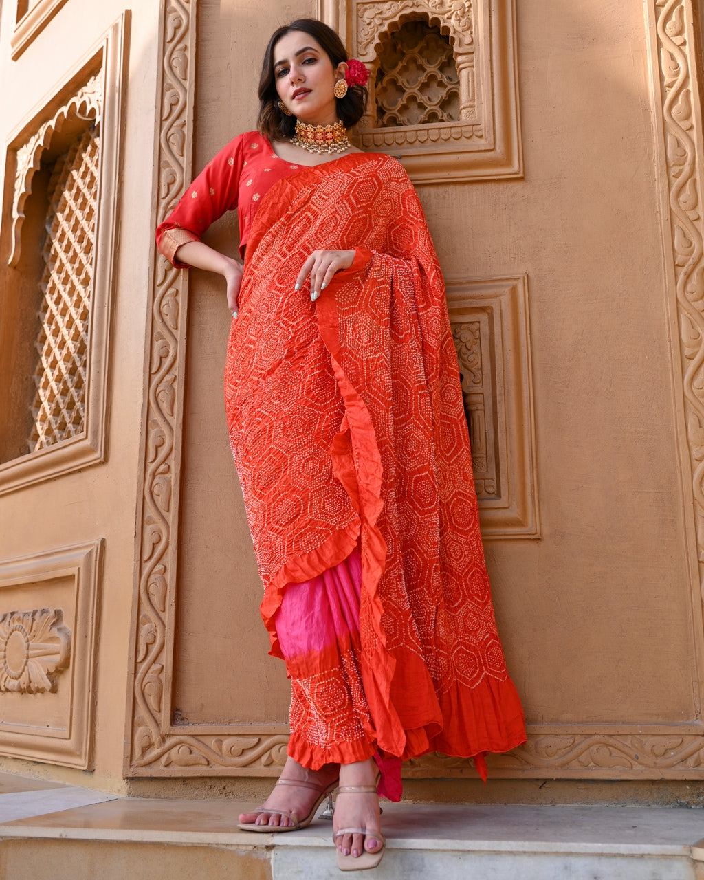 PINK-ORANGE YIN-YANG HALF FULL HALF EMPTY POPPY FLOWER BANDHANI SILK SAREE