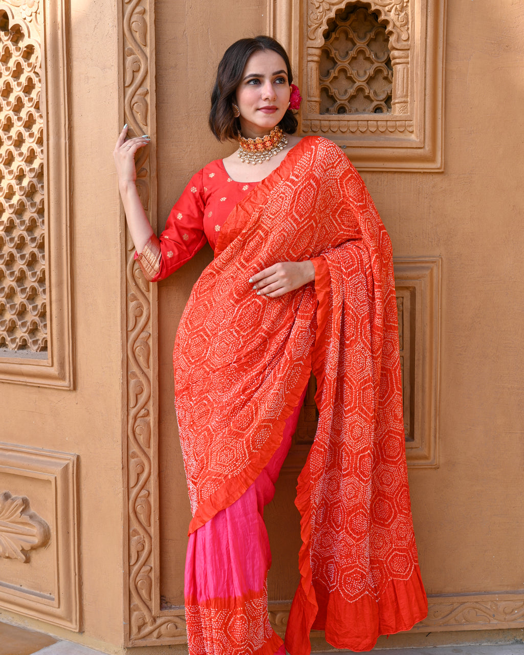 PINK-ORANGE YIN-YANG HALF FULL HALF EMPTY POPPY FLOWER BANDHANI SILK SAREE