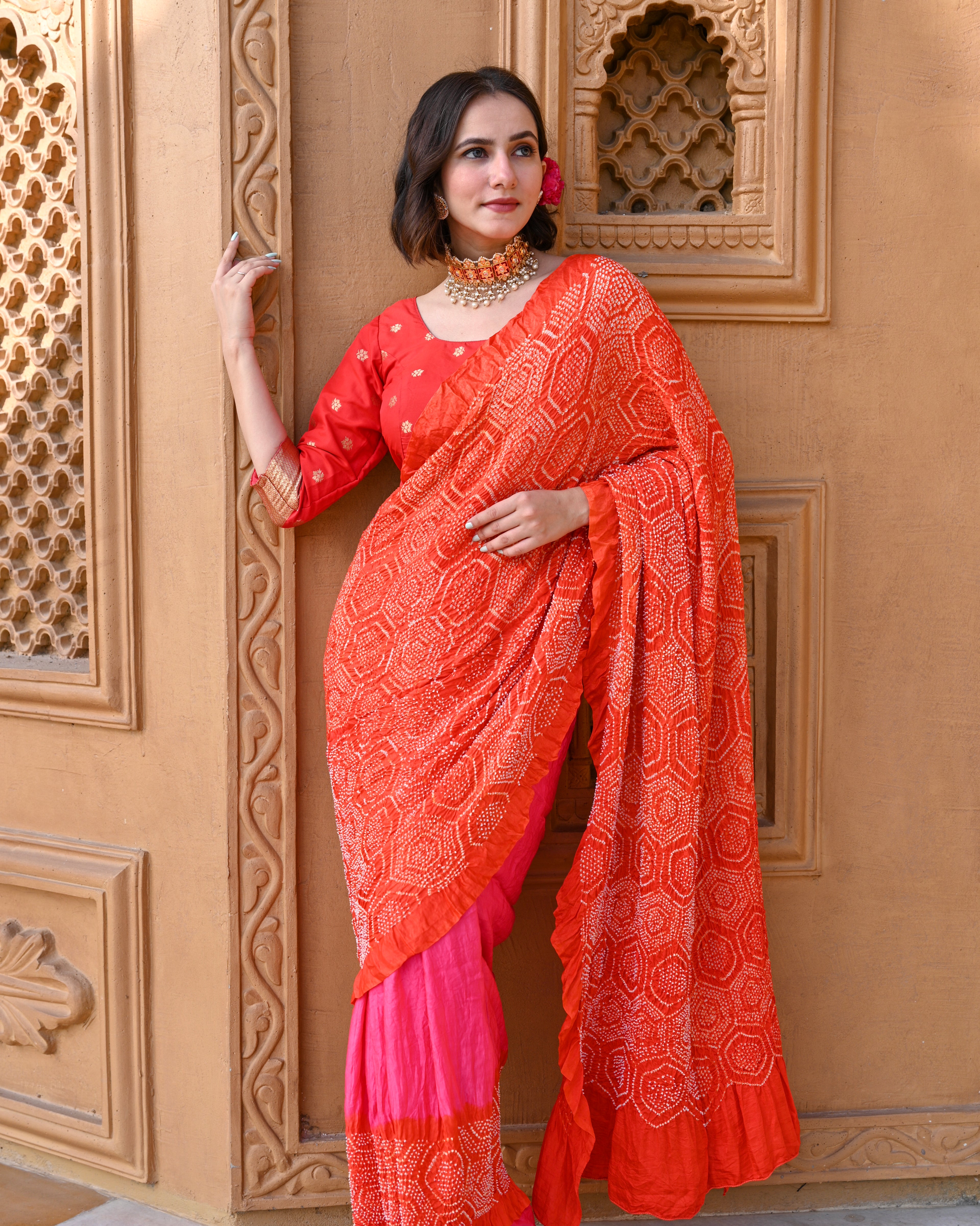 PINK-ORANGE YIN-YANG HALF FULL HALF EMPTY POPPY FLOWER BANDHANI SILK SAREE