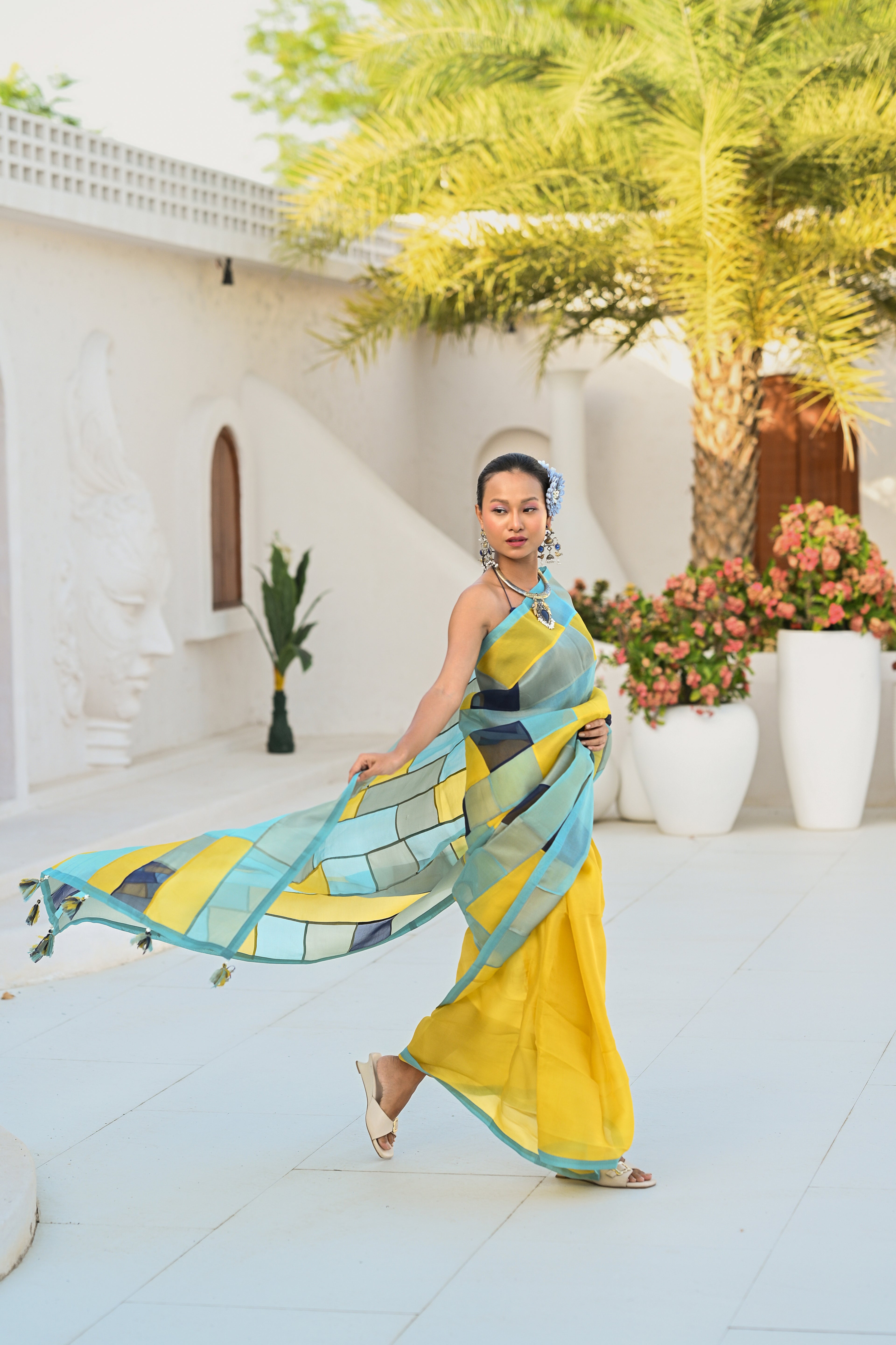 LIGHT BLUE - YELLOW PATCHWORK ORGANZA SAREE WITH TASSELS