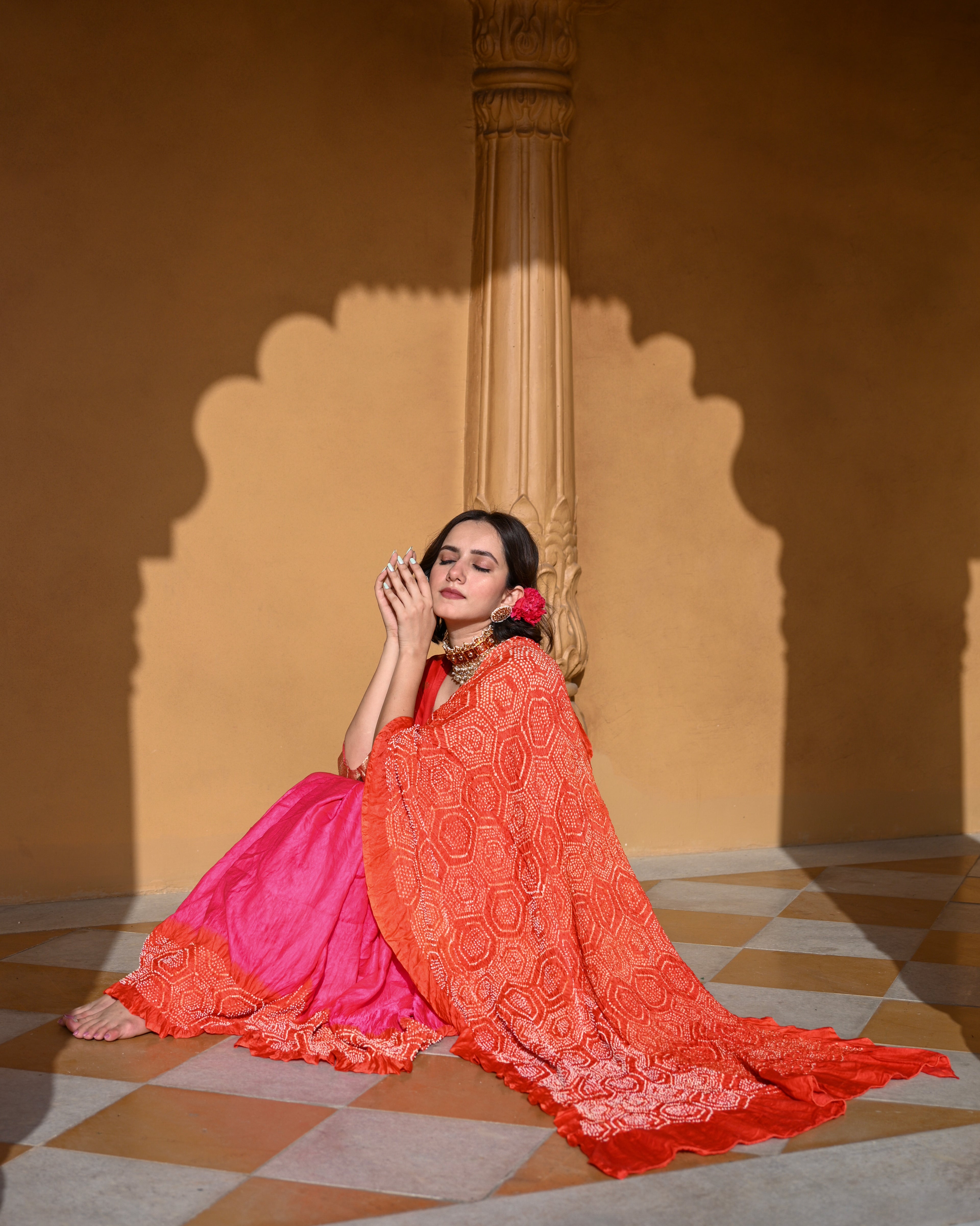 PINK-ORANGE YIN-YANG HALF FULL HALF EMPTY POPPY FLOWER BANDHANI SILK SAREE