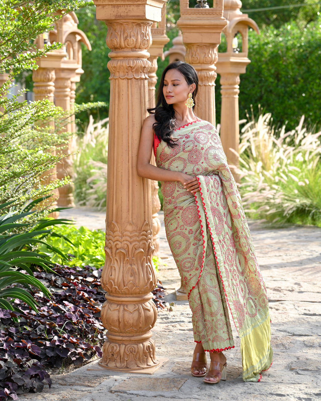 LIGHT GREEN CIRCLES OF LIFE BANDHANI SILK SAREE