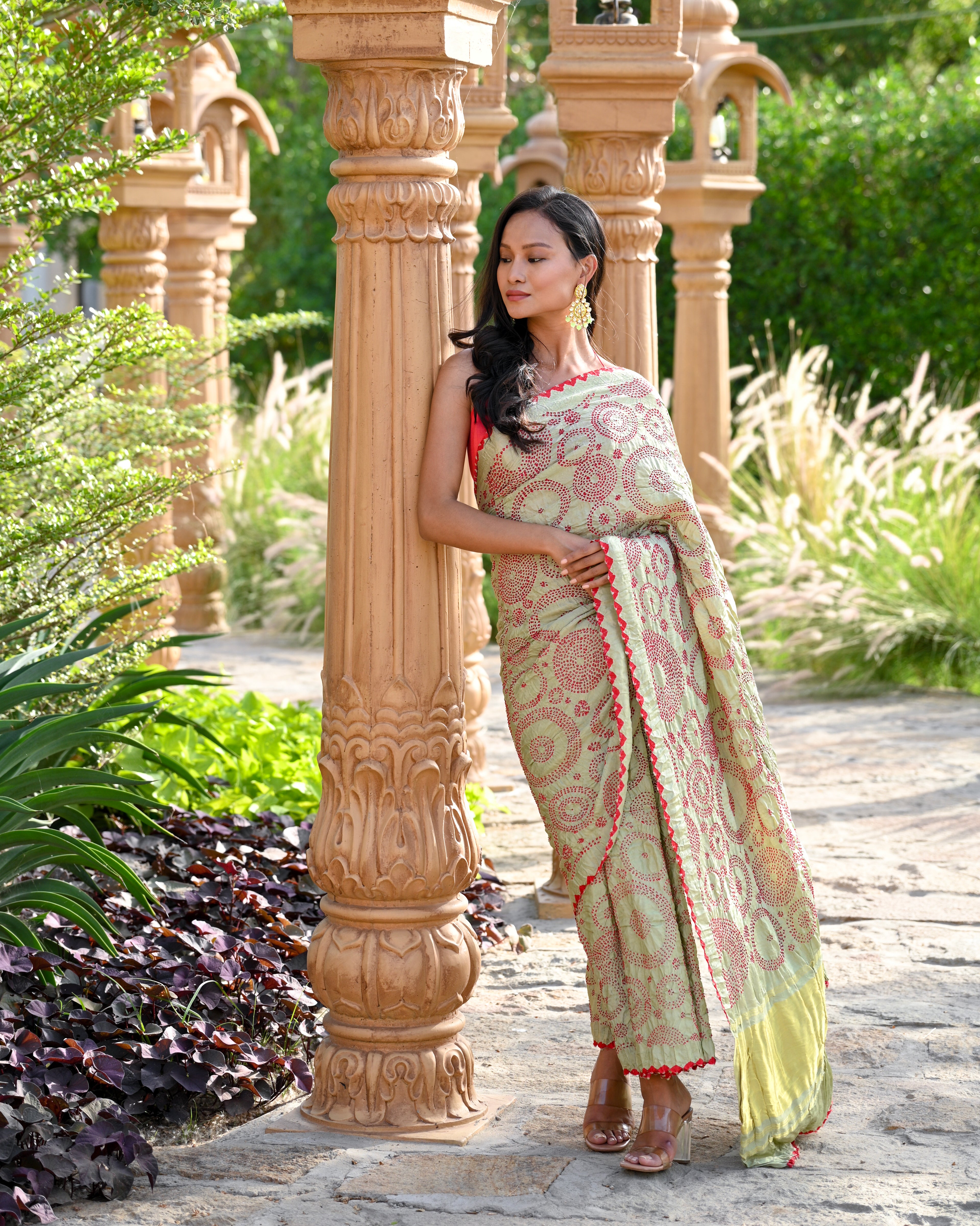 LIGHT GREEN CIRCLES OF LIFE BANDHANI SILK SAREE