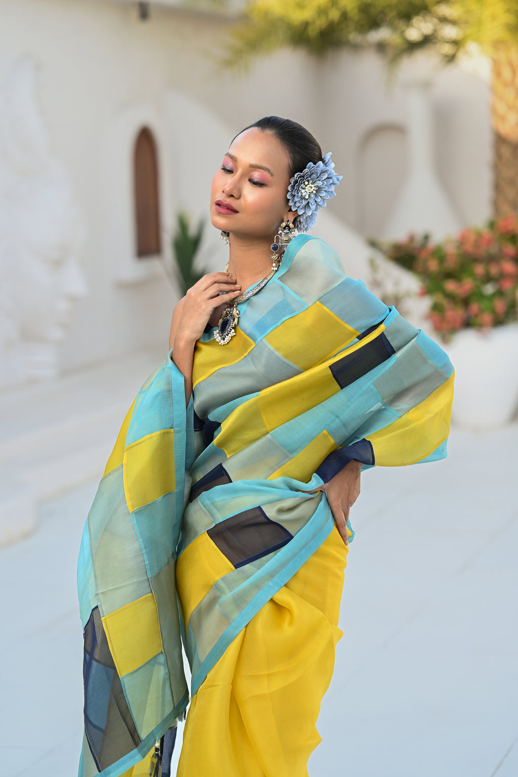 LIGHT BLUE - YELLOW PATCHWORK ORGANZA SAREE WITH TASSELS