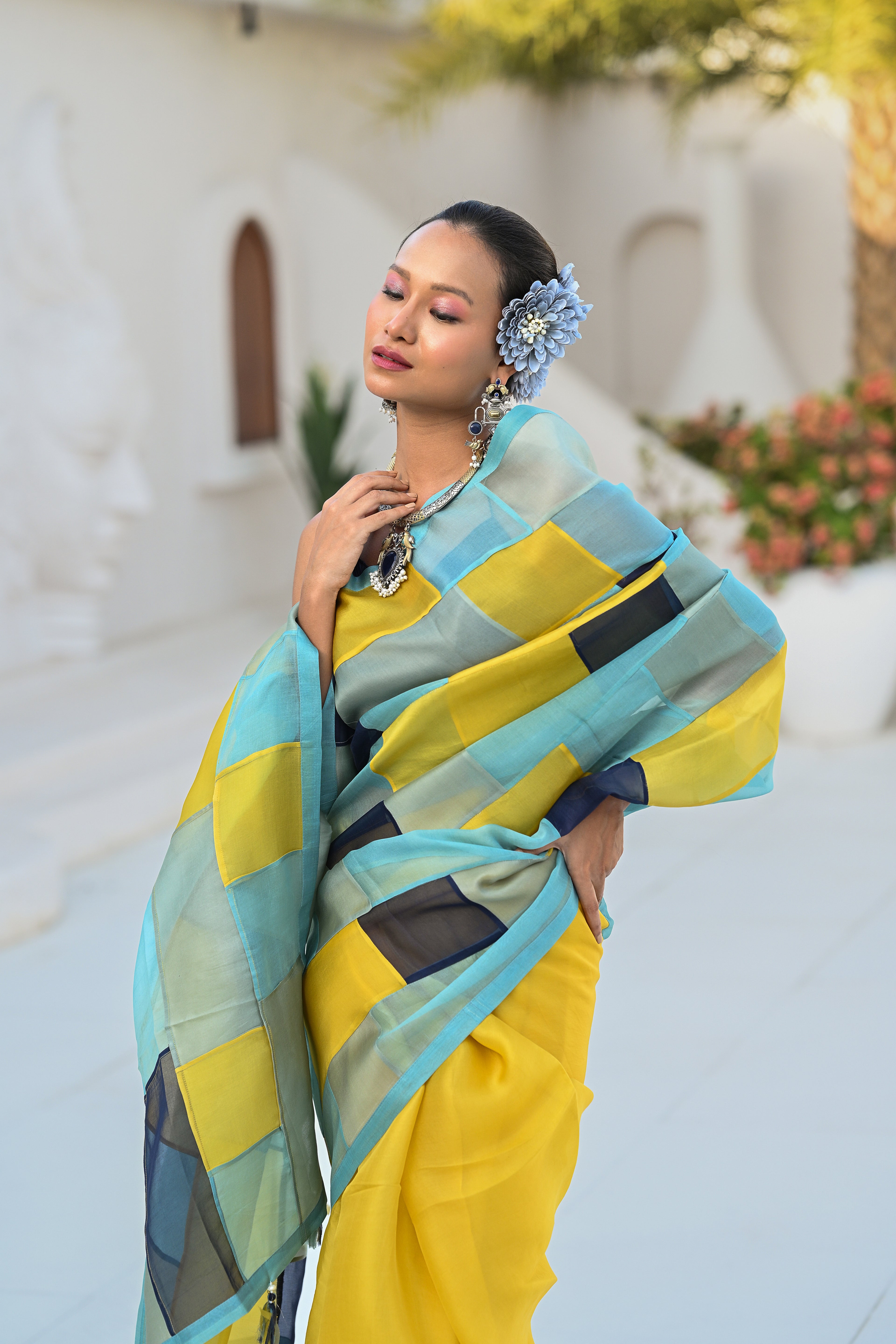 LIGHT BLUE - YELLOW PATCHWORK ORGANZA SAREE WITH TASSELS