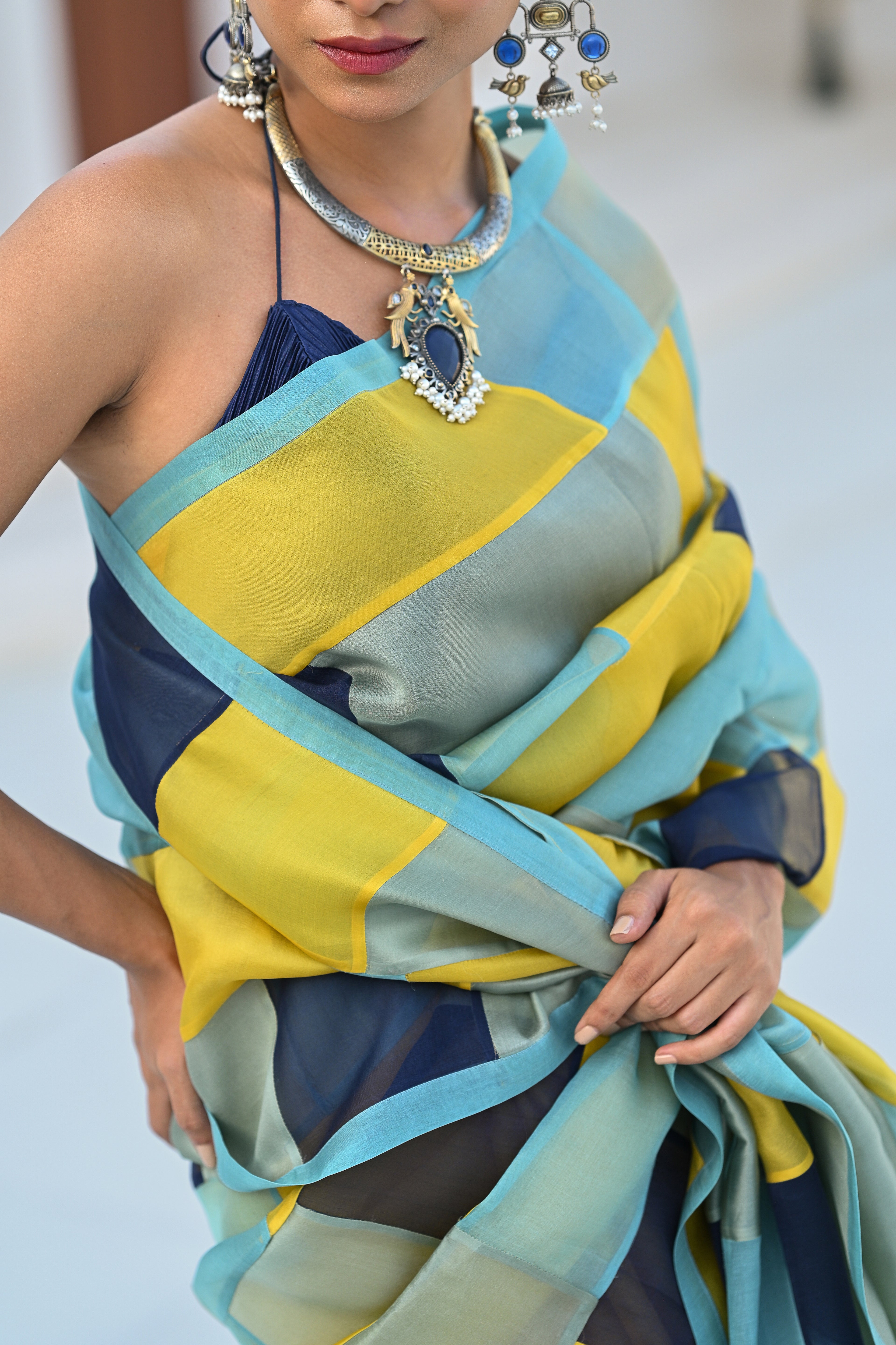 LIGHT BLUE - YELLOW PATCHWORK ORGANZA SAREE WITH TASSELS