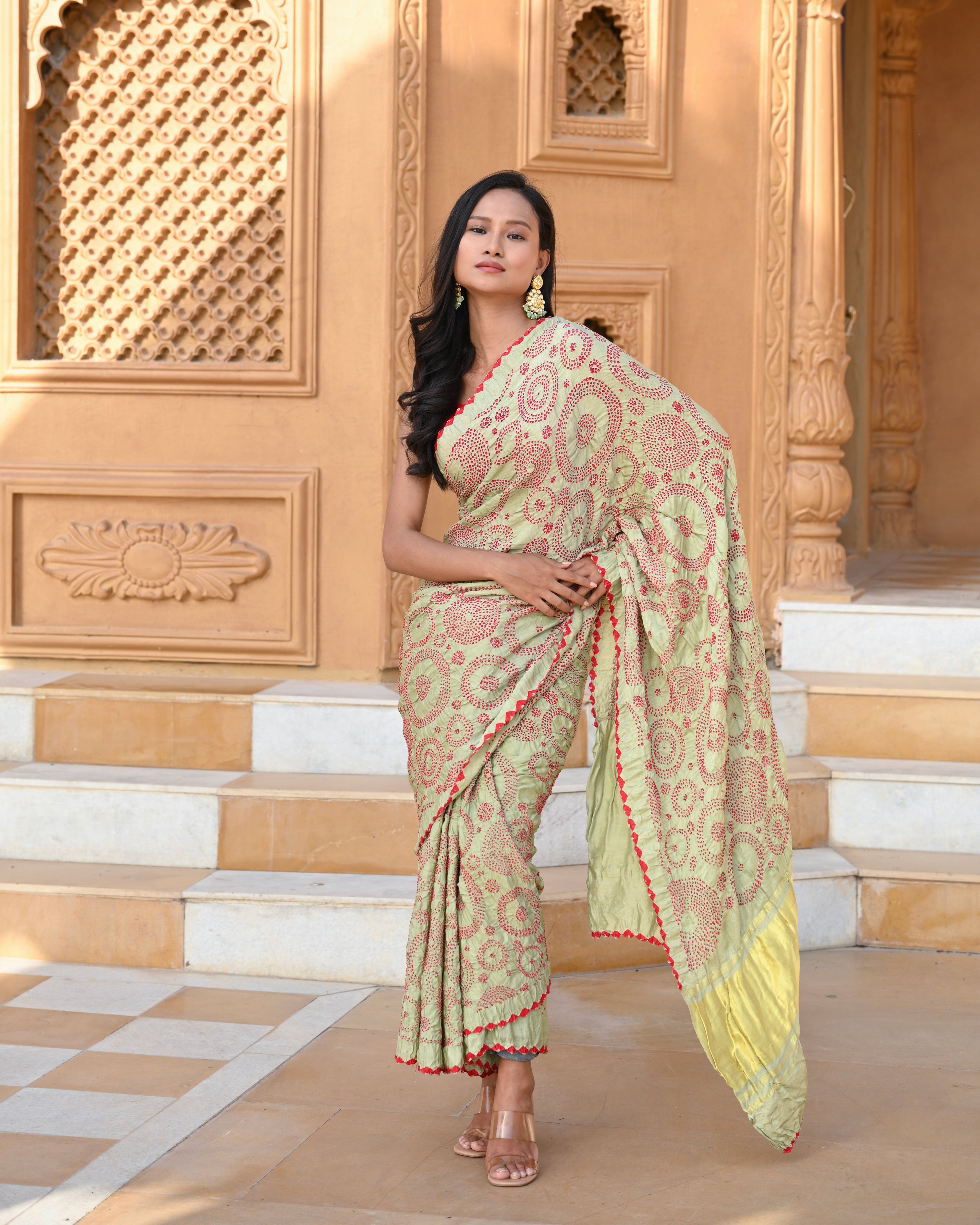 LIGHT GREEN CIRCLES OF LIFE BANDHANI SILK SAREE