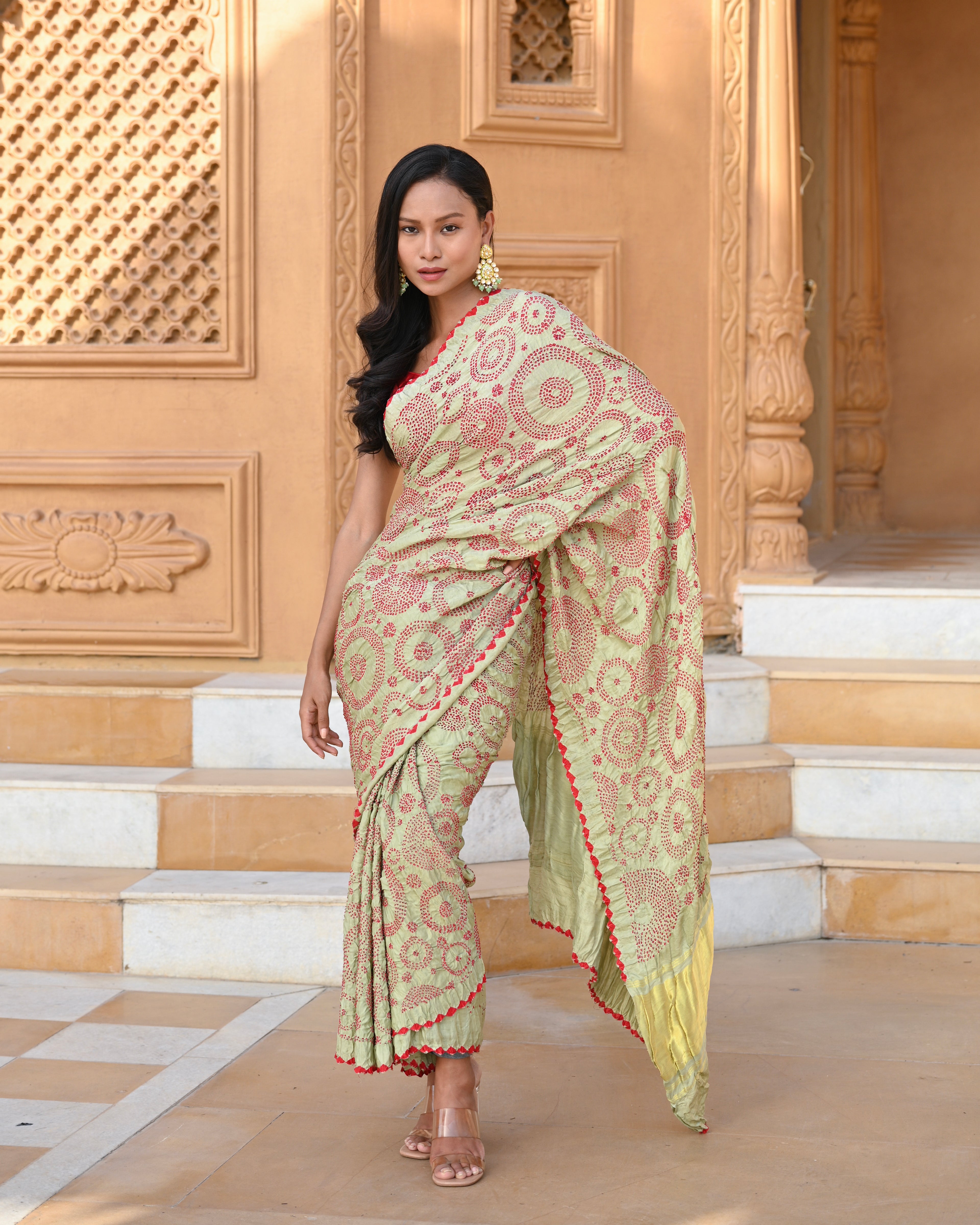 LIGHT GREEN CIRCLES OF LIFE BANDHANI SILK SAREE