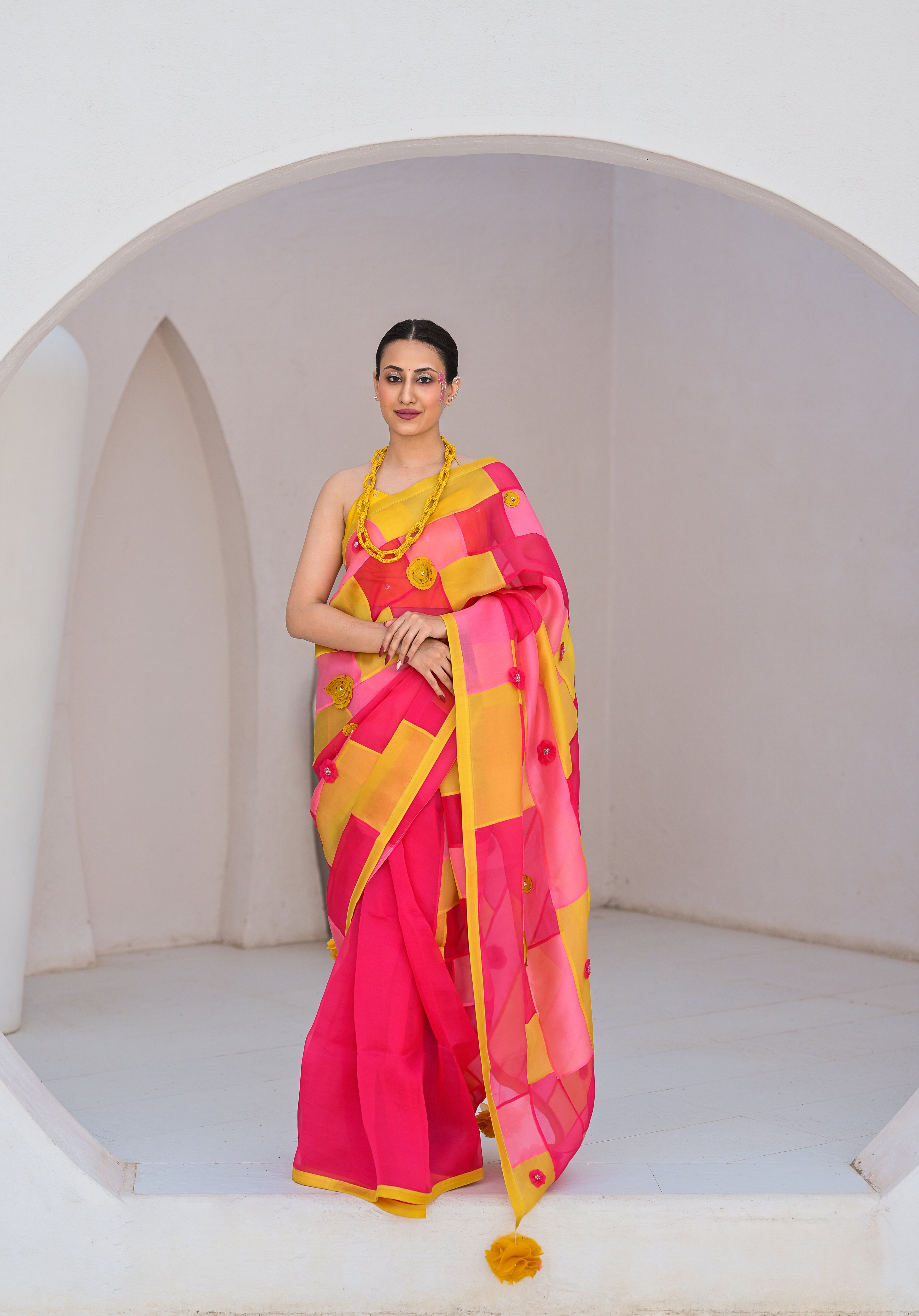 PINK - YELLOW PATCHWORK ORGANZA SAREE WITH TASSELS