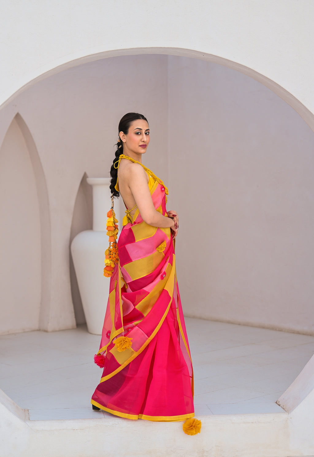 PINK - YELLOW PATCHWORK ORGANZA SAREE WITH TASSELS