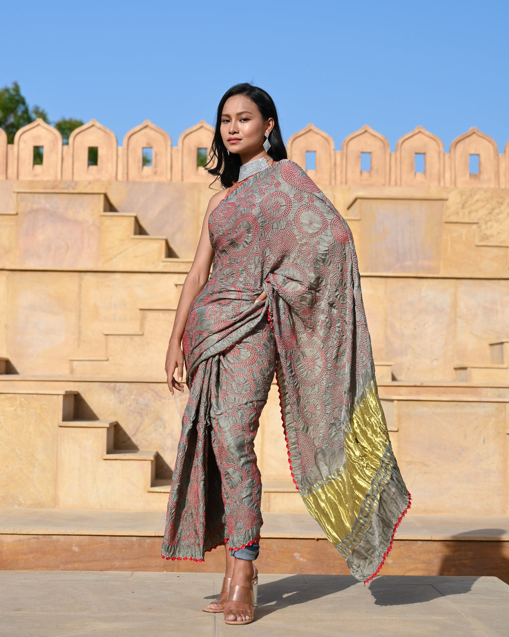 GREY CIRCLES OF LIFE BANDHANI SILK SAREE
