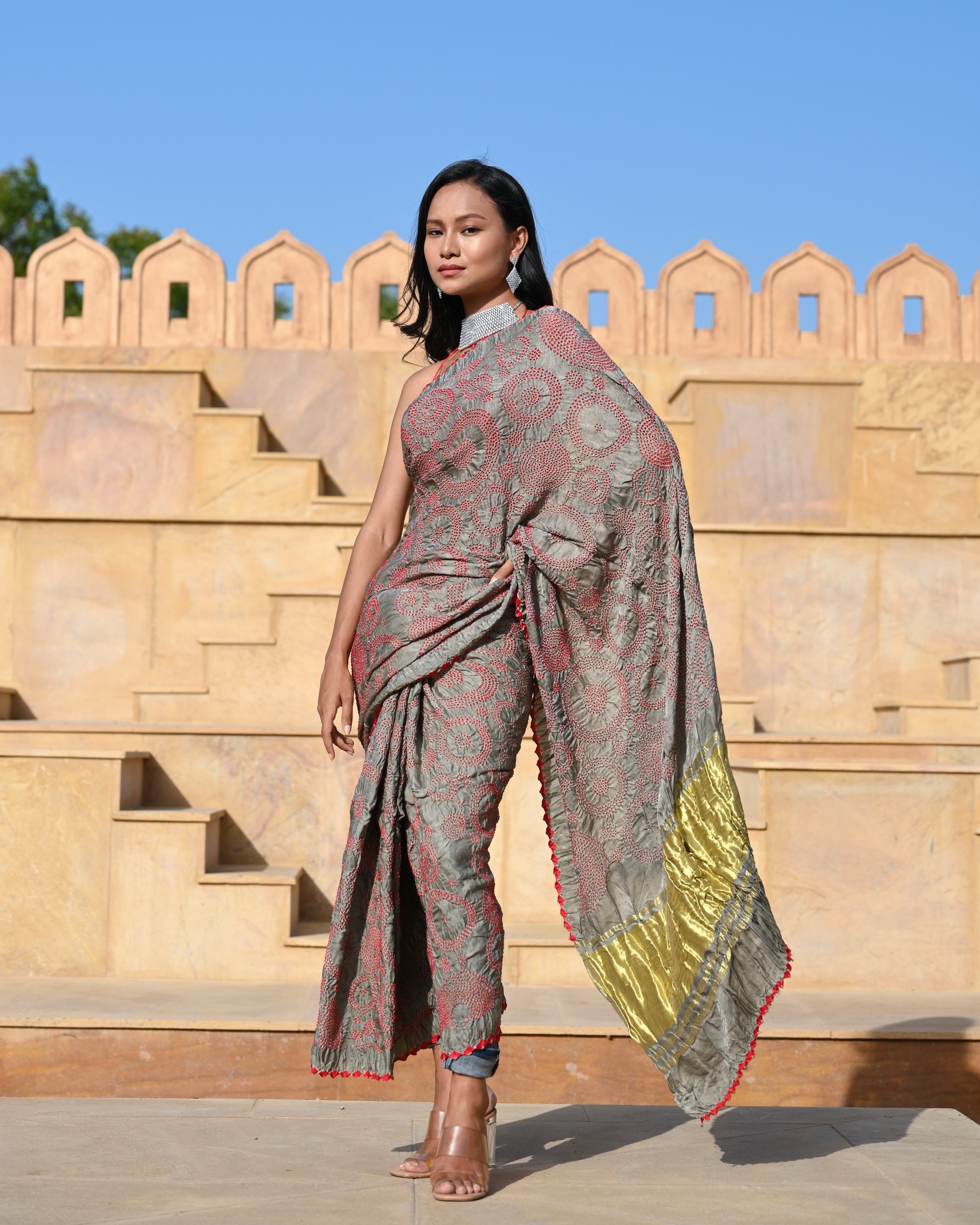 GREY CIRCLES OF LIFE BANDHANI SILK SAREE