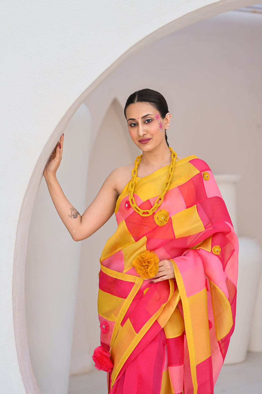 PINK - YELLOW PATCHWORK ORGANZA SAREE WITH TASSELS