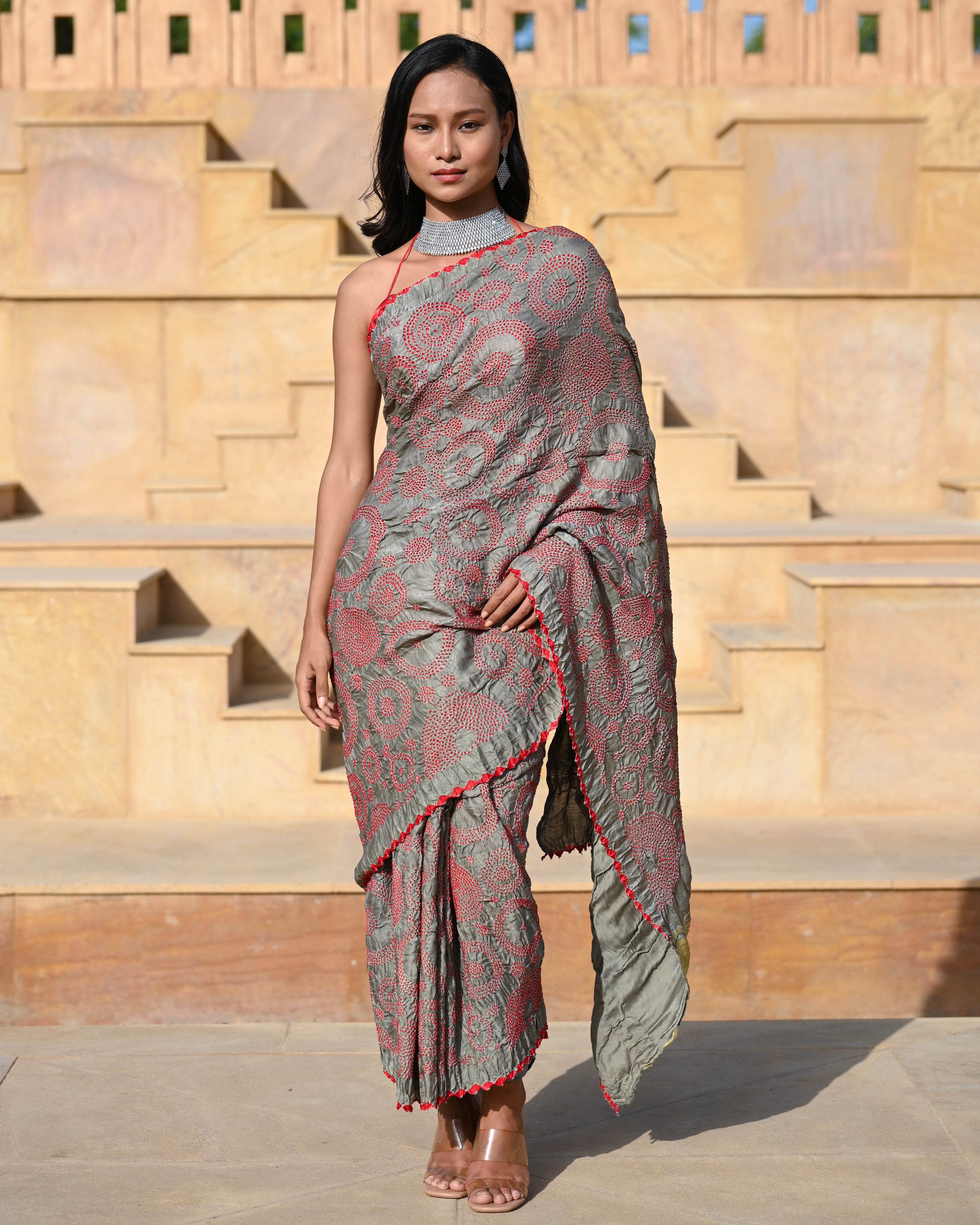 GREY CIRCLES OF LIFE BANDHANI SILK SAREE