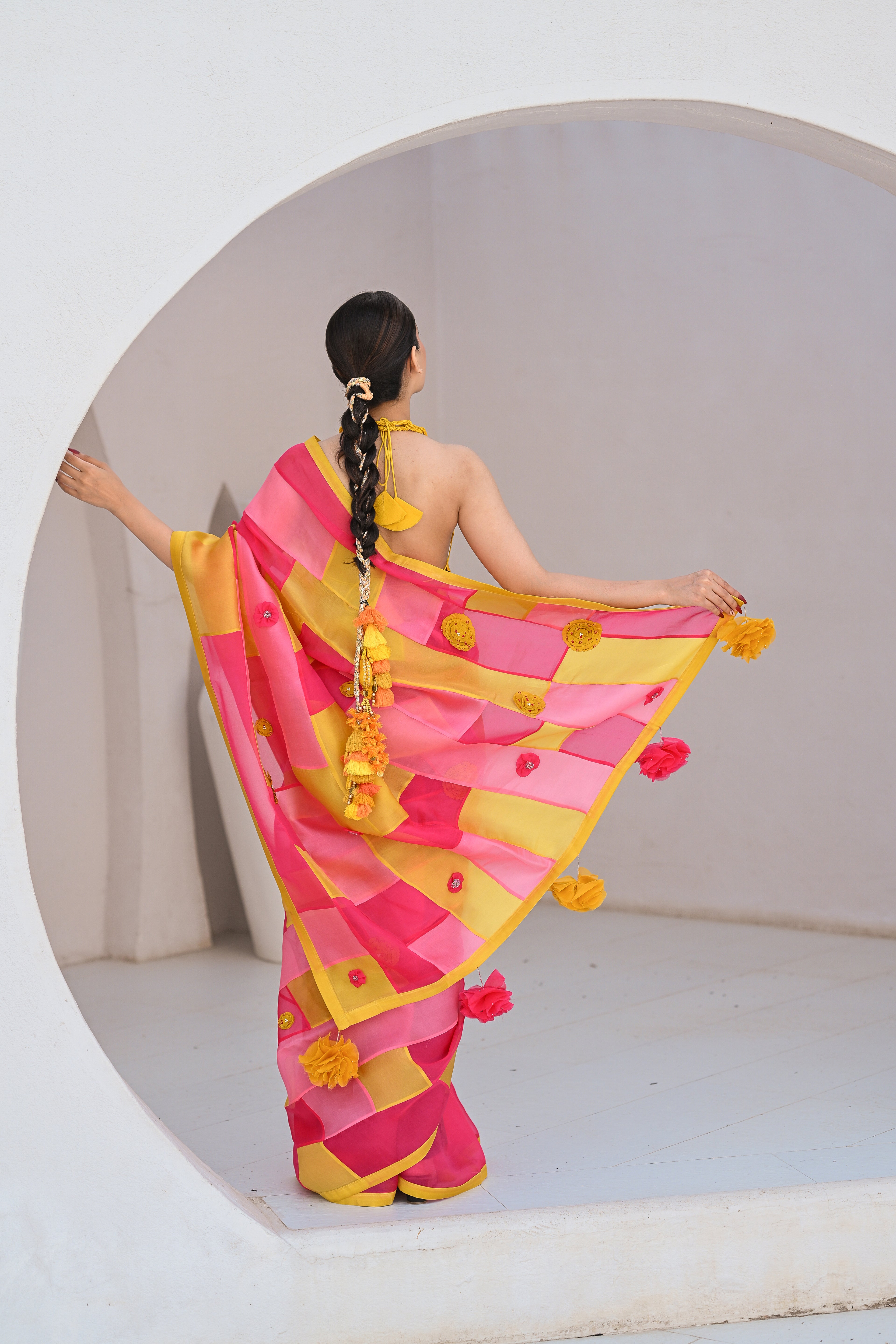 PINK - YELLOW PATCHWORK ORGANZA SAREE WITH TASSELS