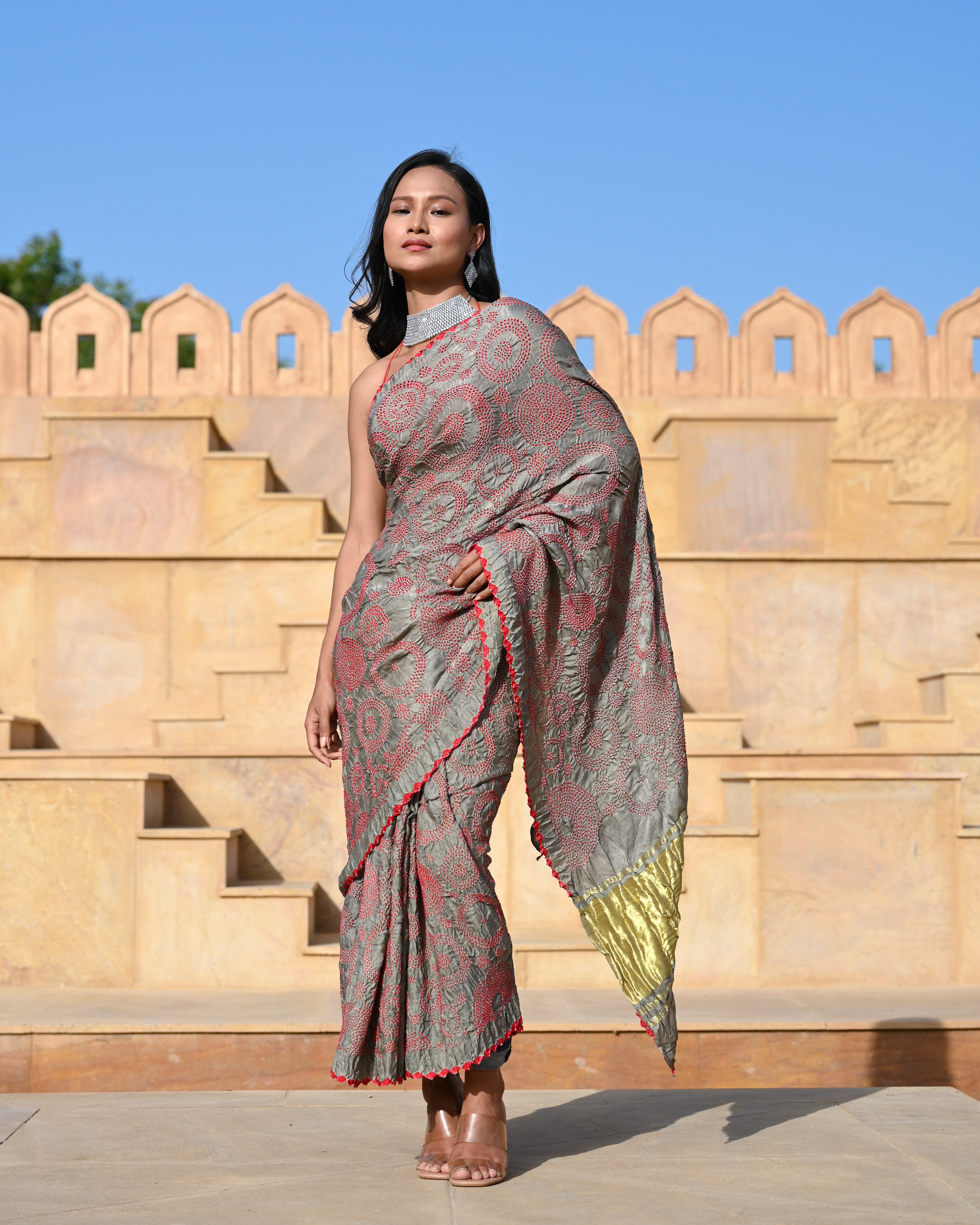GREY CIRCLES OF LIFE BANDHANI SILK SAREE