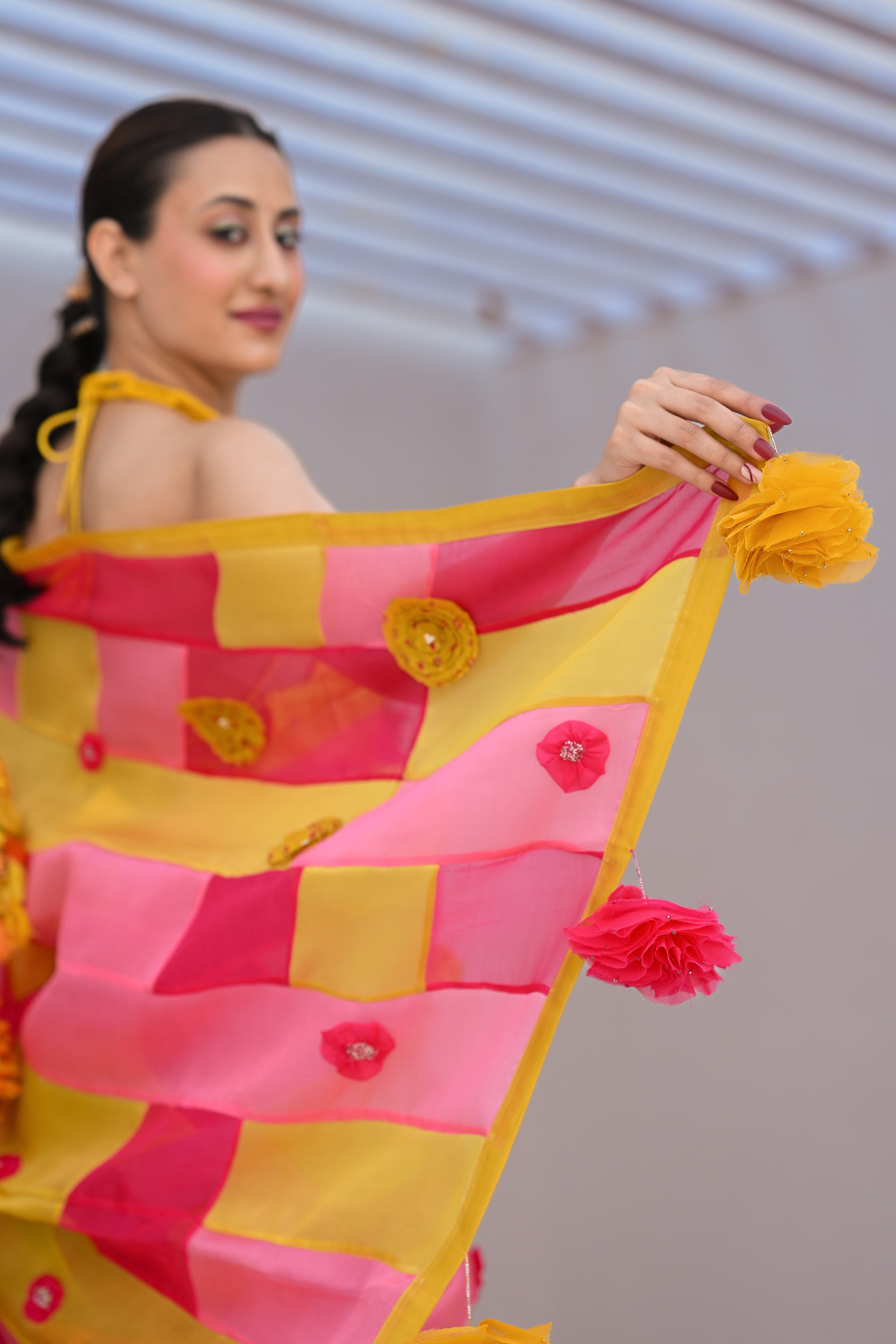 PINK - YELLOW PATCHWORK ORGANZA SAREE WITH TASSELS