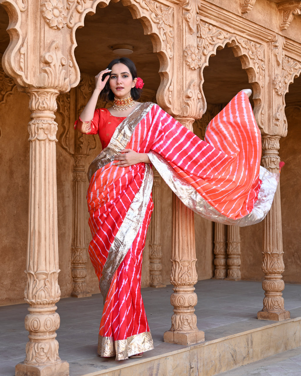 RED-ORANGE LEHERIYA SILK SAREE WITH LAMPI