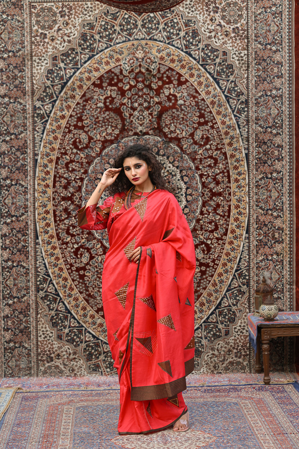 RED EMBROIDERED WABI - SABI SILK SAREE WITH TASSELS