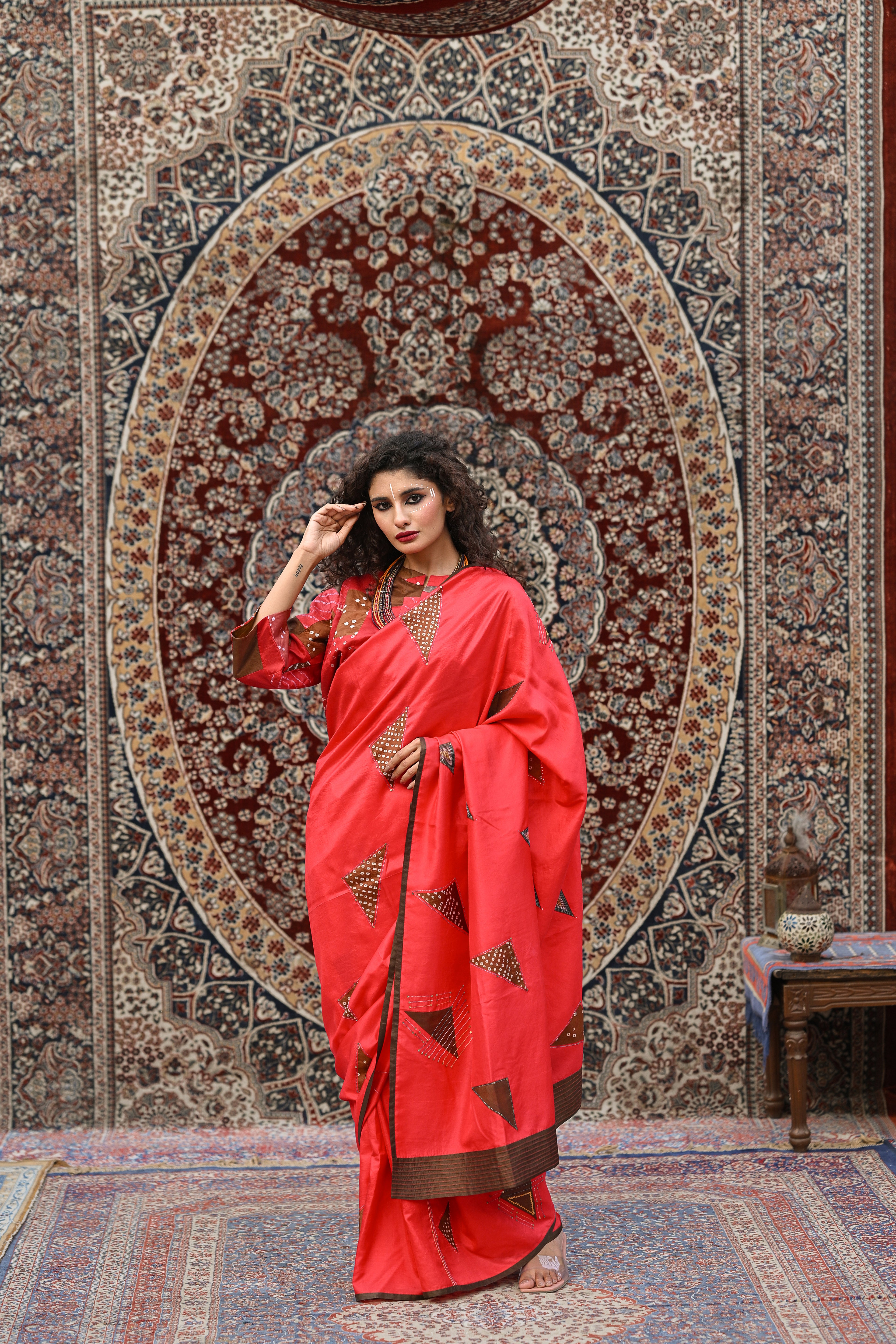 RED EMBROIDERED WABI - SABI SILK SAREE WITH TASSELS