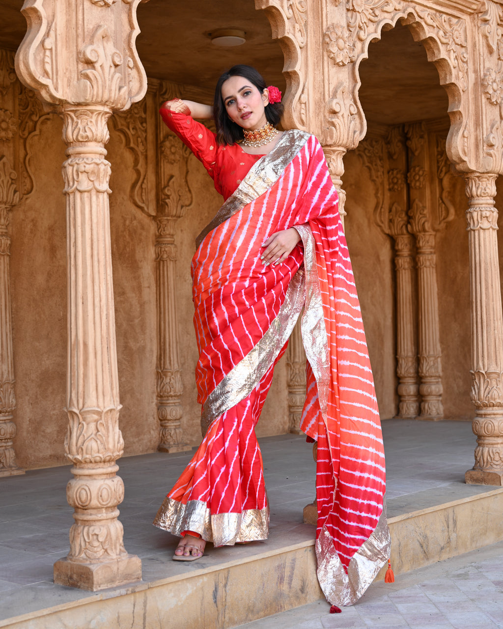 RED-ORANGE LEHERIYA SILK SAREE WITH LAMPI