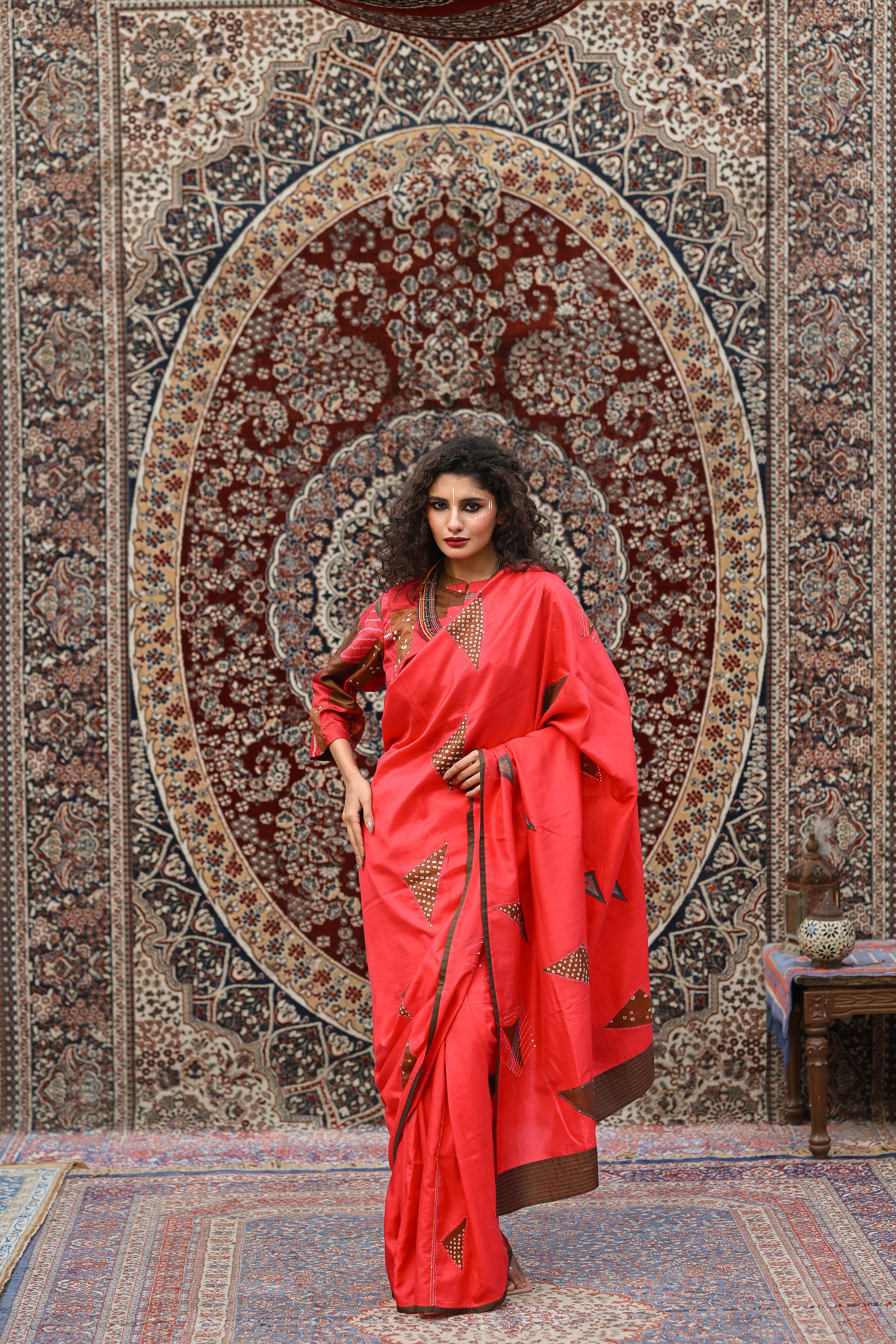 RED EMBROIDERED WABI - SABI SILK SAREE WITH TASSELS