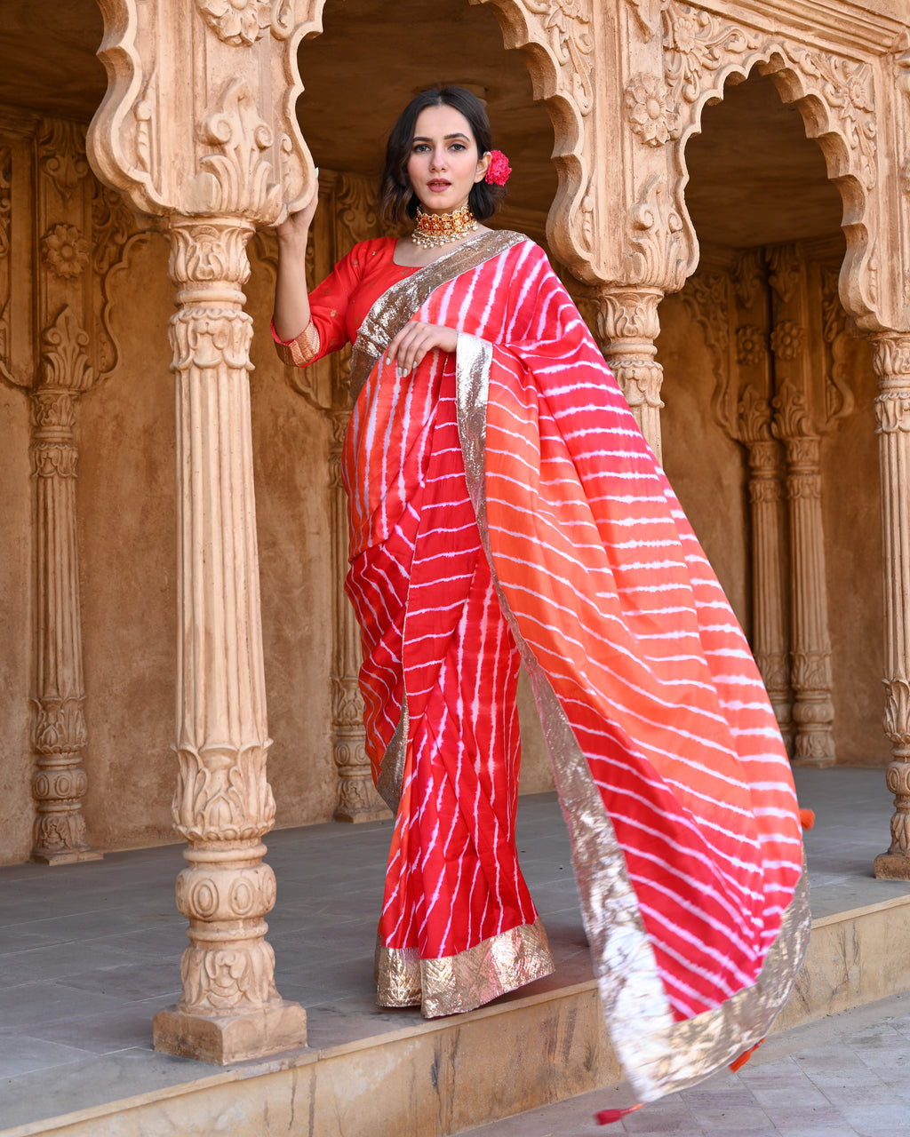 RED-ORANGE LEHERIYA SILK SAREE WITH LAMPI