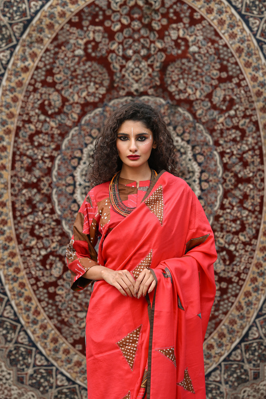 RED EMBROIDERED WABI - SABI SILK SAREE WITH TASSELS