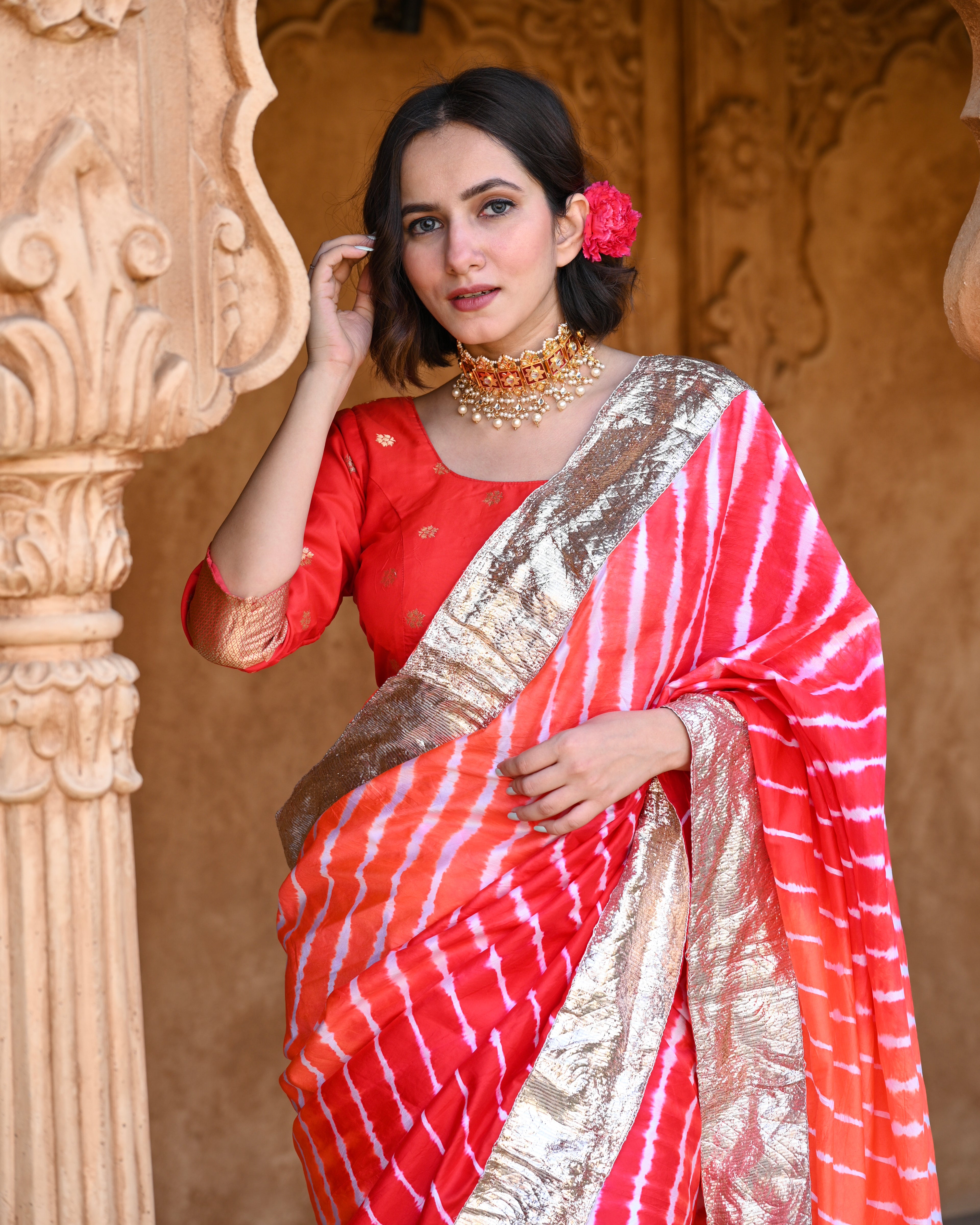 RED-ORANGE LEHERIYA SILK SAREE WITH LAMPI