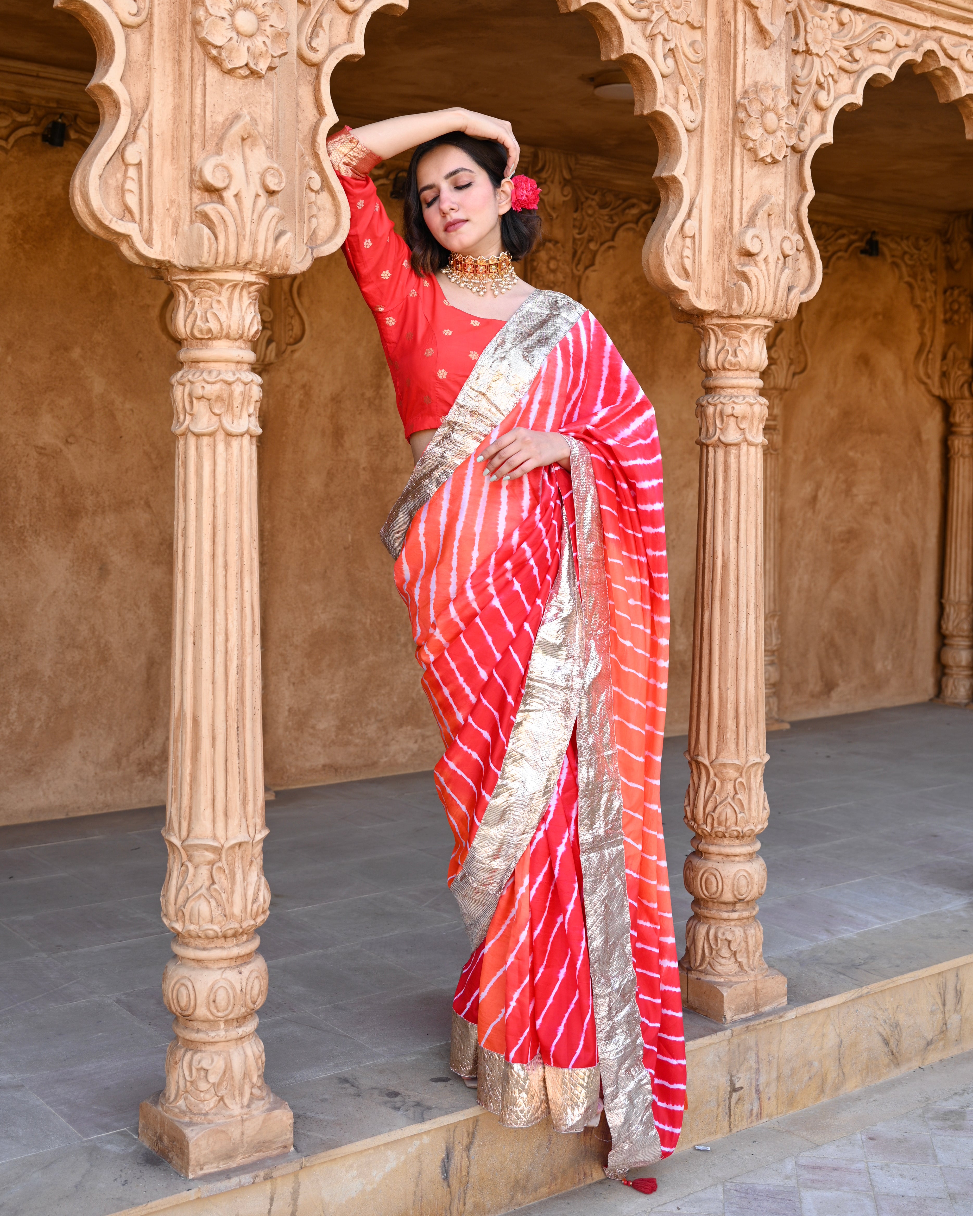 RED-ORANGE LEHERIYA SILK SAREE WITH LAMPI