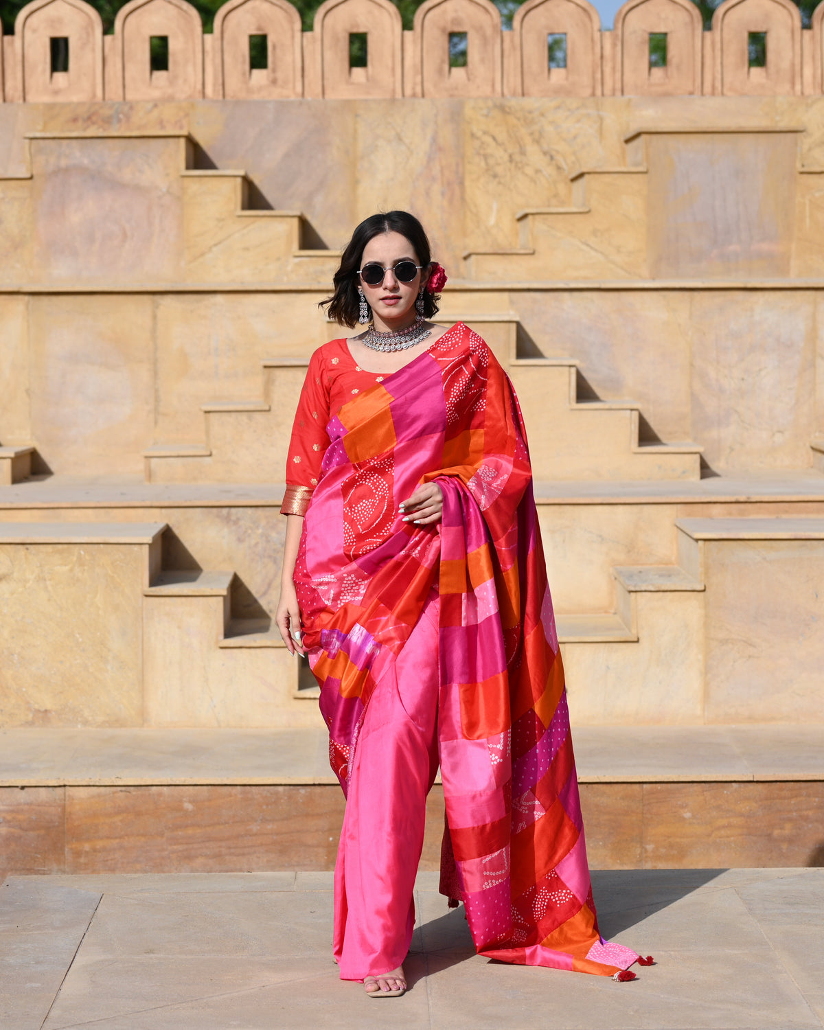 BAARADOZI PATCHWORK REVERSIBLE SILK SAREE RED-PINK