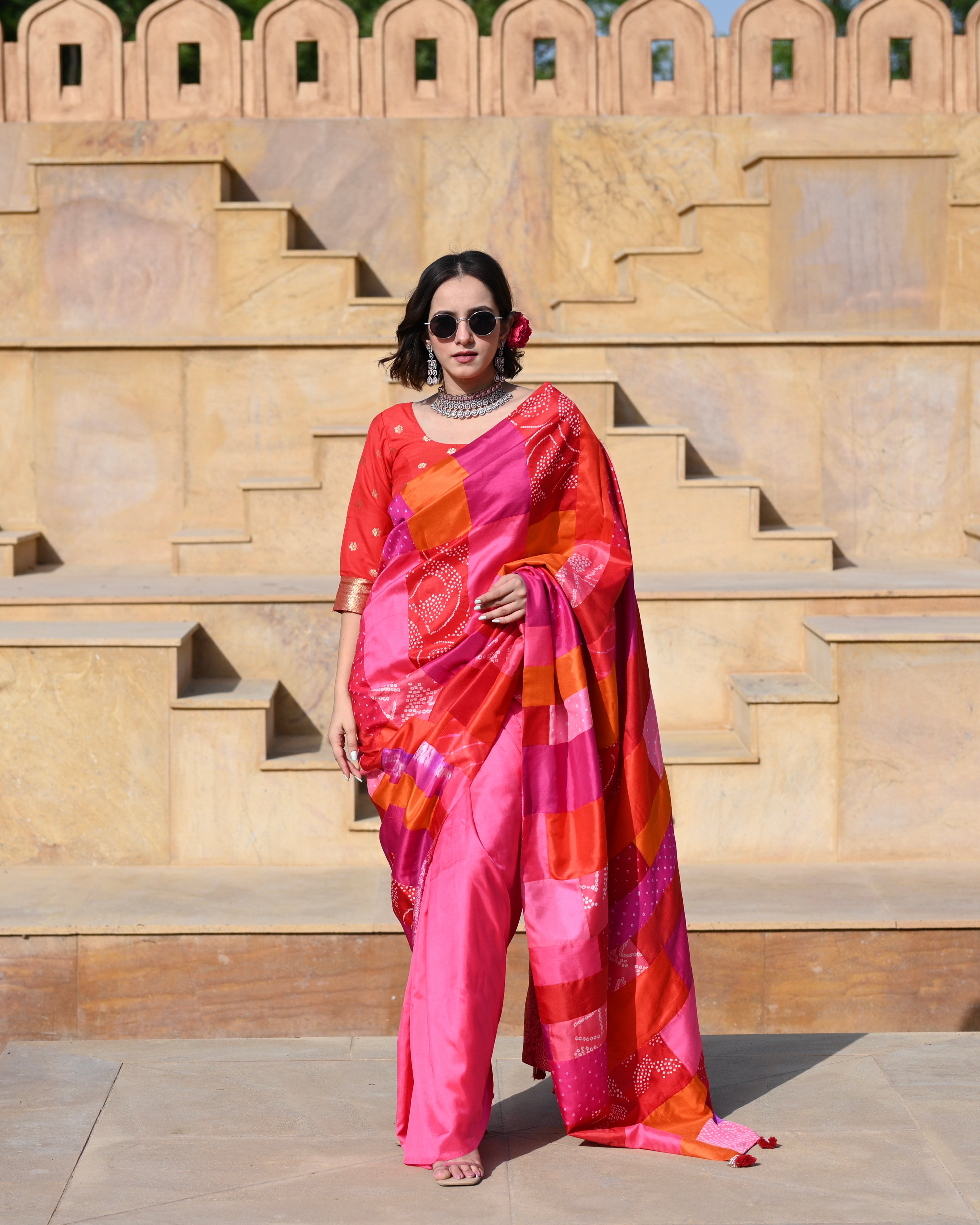 RED-PINK BAARADOZI PATCHWORK REVERSIBLE SILK SAREE