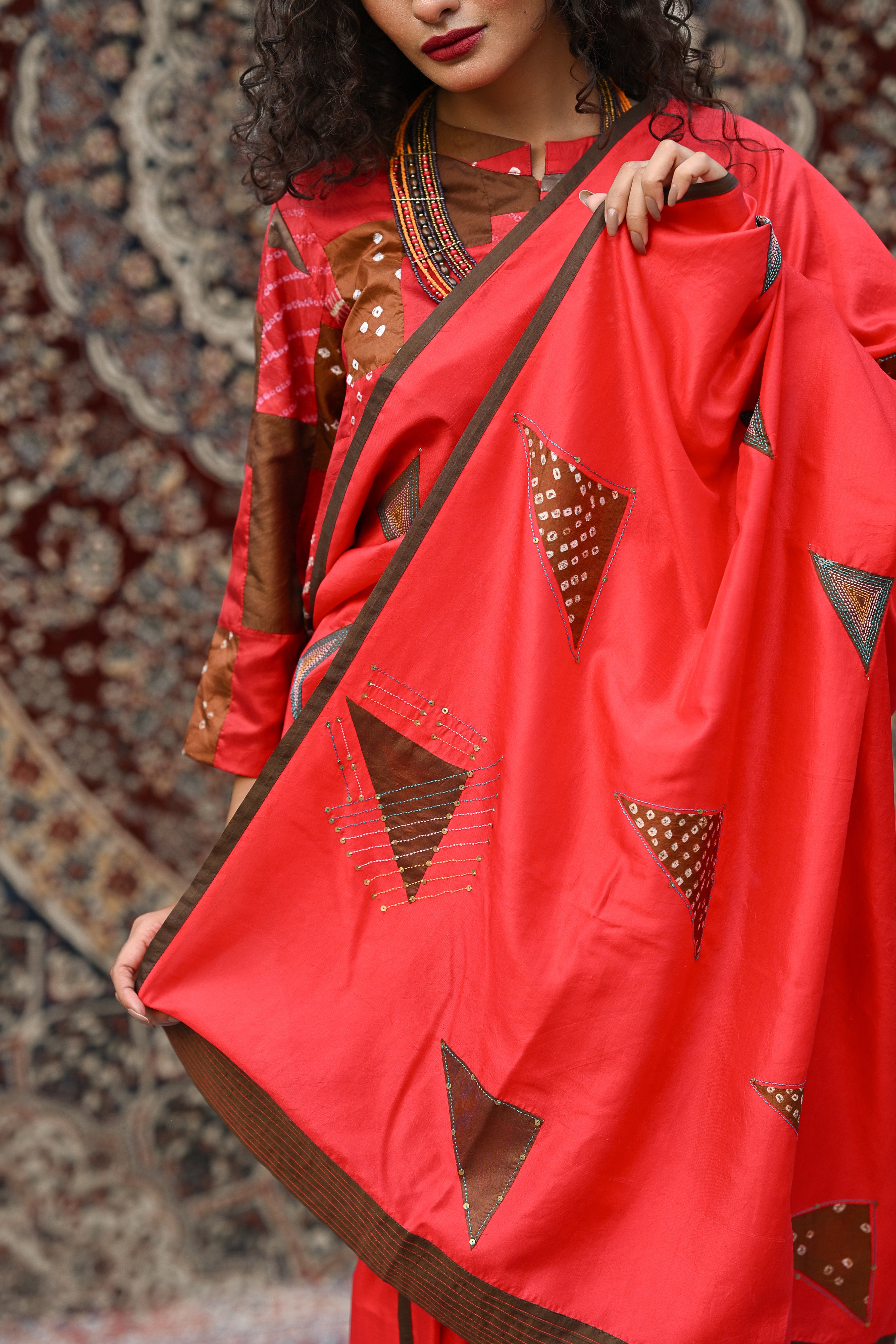 RED EMBROIDERED WABI - SABI SILK SAREE WITH TASSELS