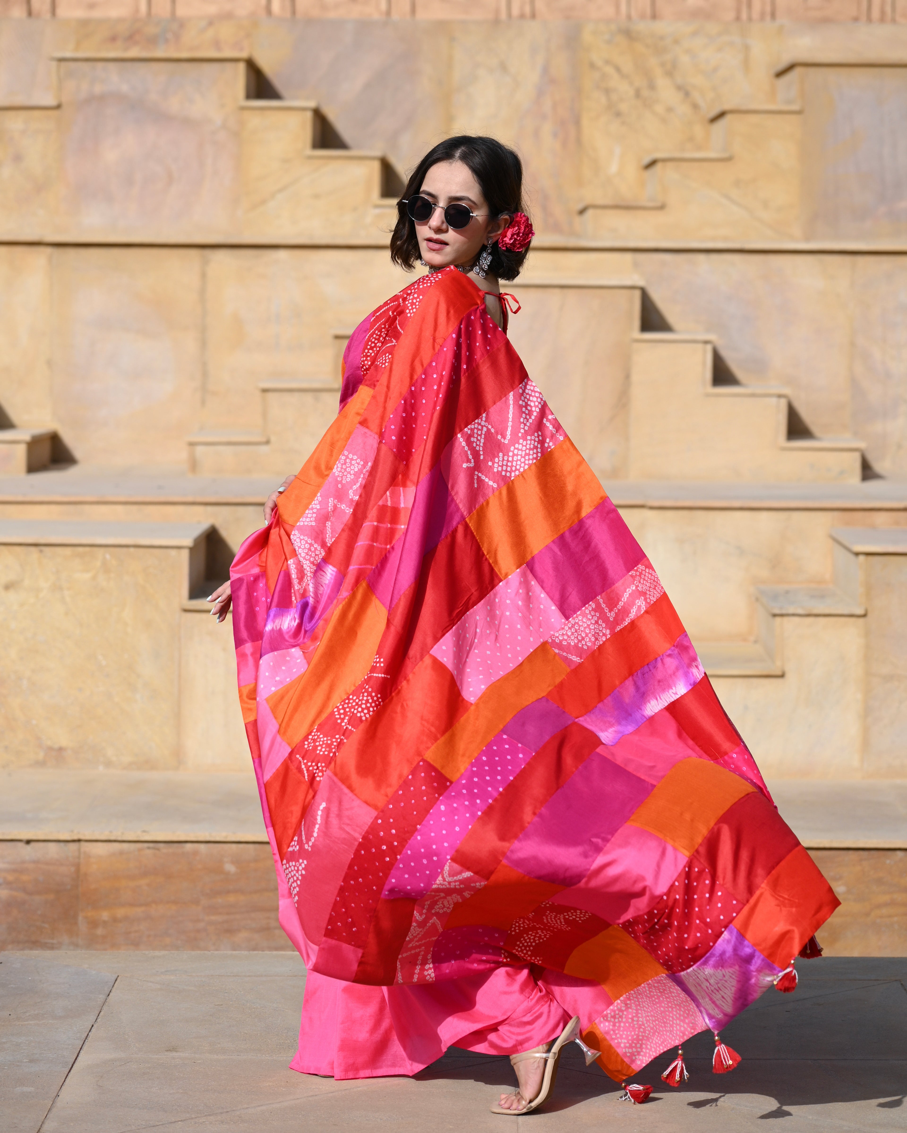 RED-PINK BAARADOZI PATCHWORK REVERSIBLE SILK SAREE