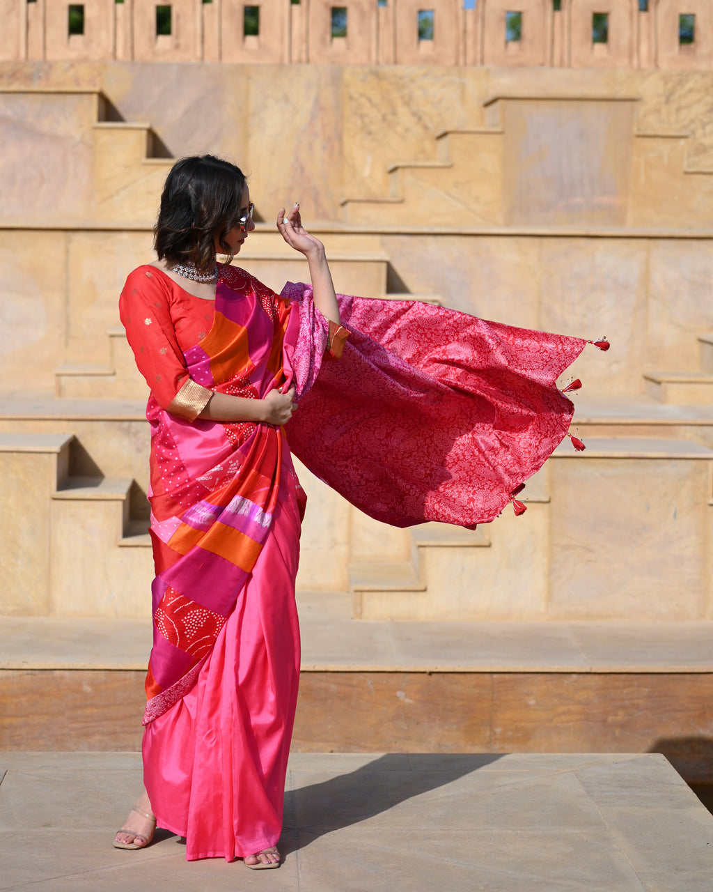 RED-PINK BAARADOZI PATCHWORK REVERSIBLE SILK SAREE