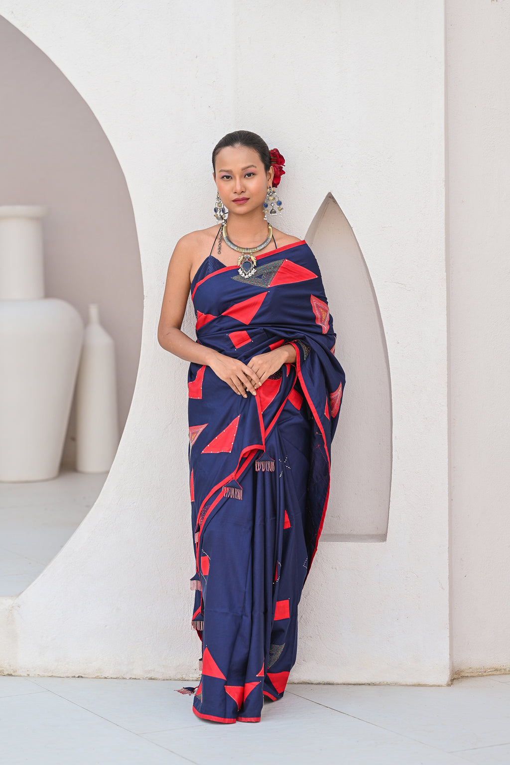 INDIGO BLUE WABI - SABI EMBROIDERED SILK SAREE WITH TASSELS