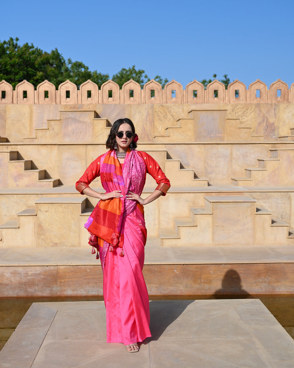 RED-PINK BAARADOZI PATCHWORK REVERSIBLE SILK SAREE