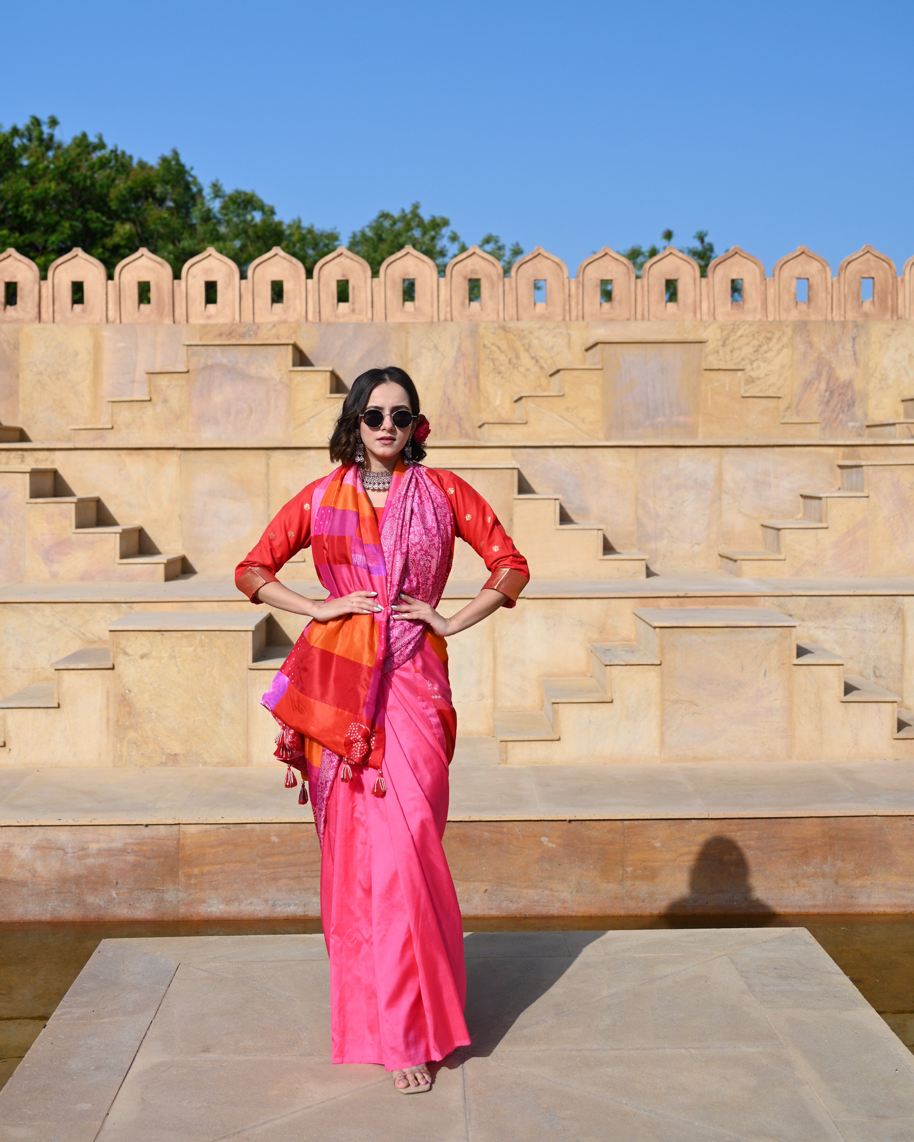 RED-PINK BAARADOZI PATCHWORK REVERSIBLE SILK SAREE