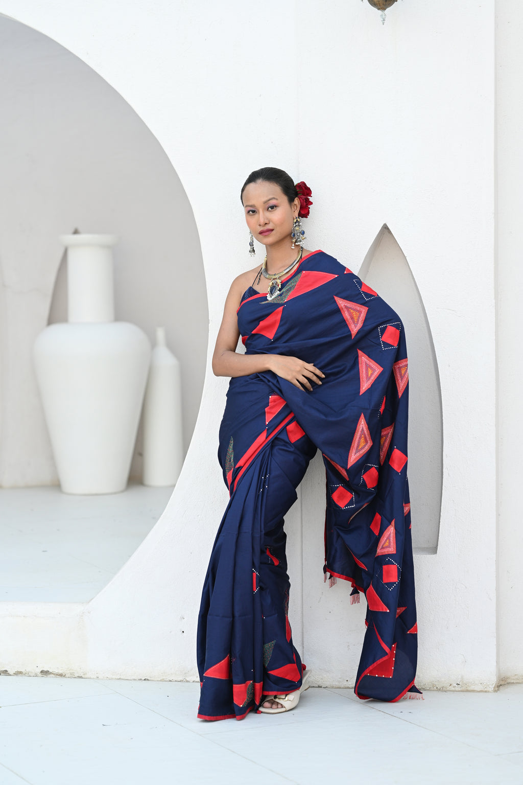 INDIGO BLUE WABI - SABI EMBROIDERED SAREE WITH TASSELS
