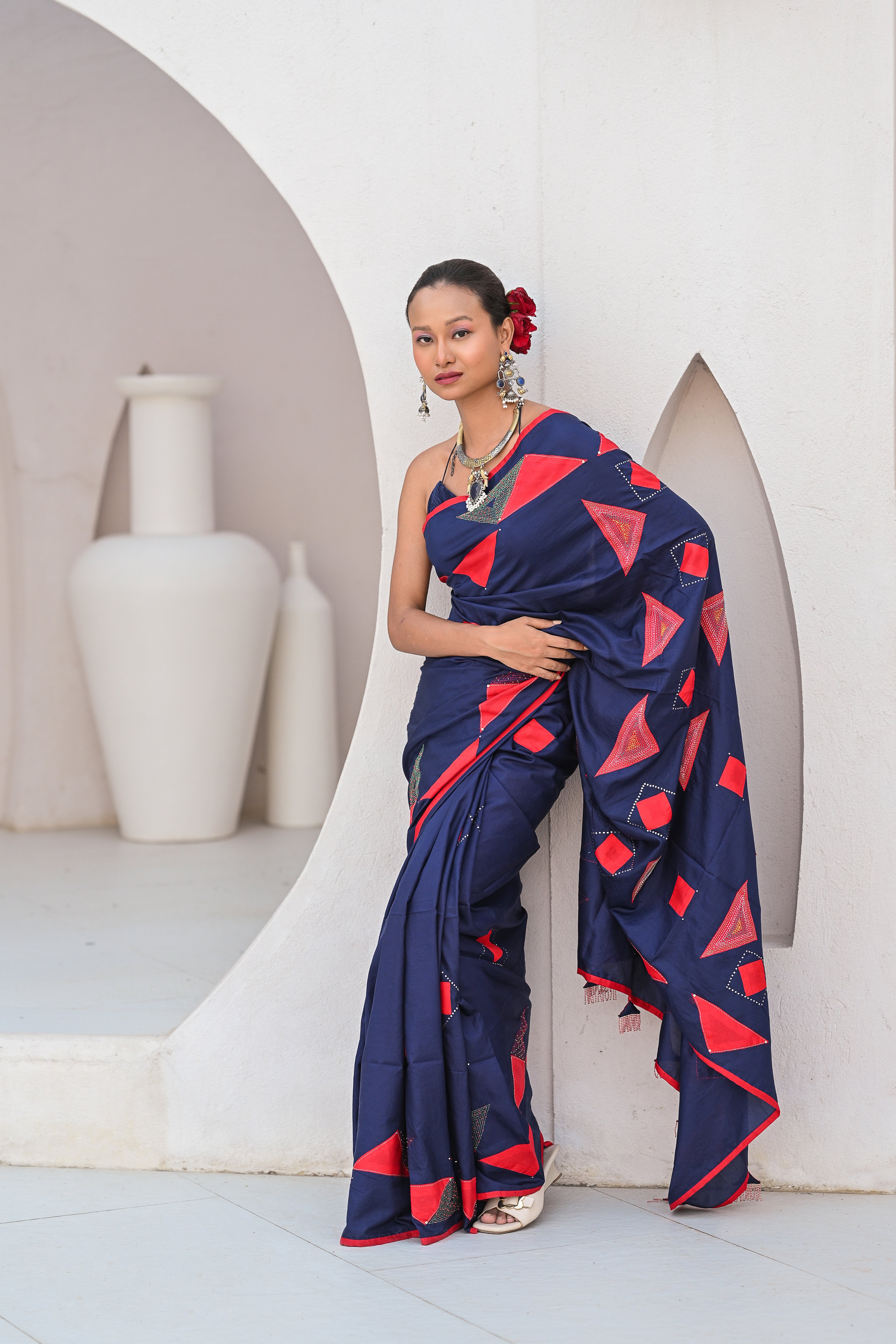 INDIGO BLUE WABI - SABI EMBROIDERED SILK SAREE WITH TASSELS