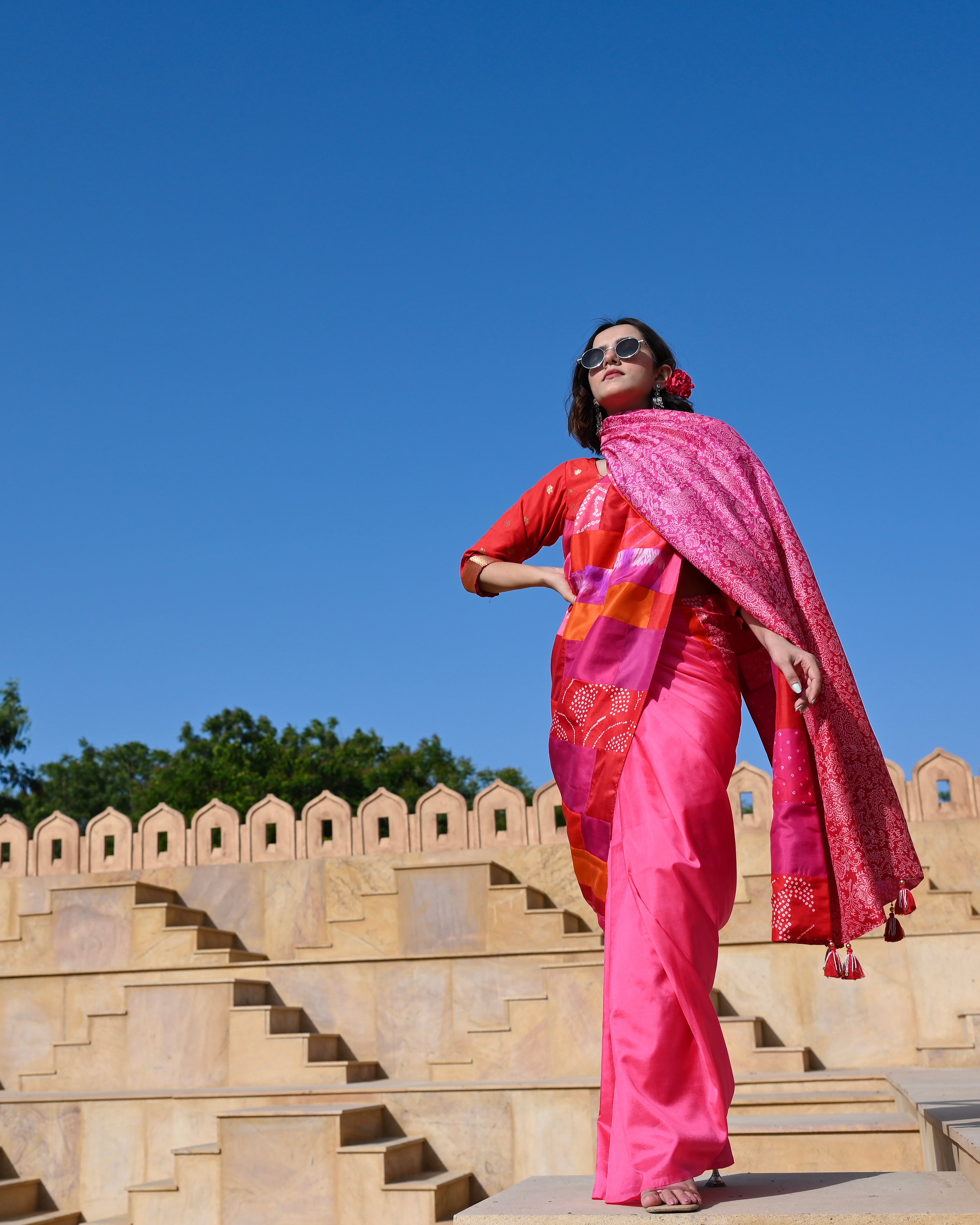 RED-PINK BAARADOZI PATCHWORK REVERSIBLE SILK SAREE