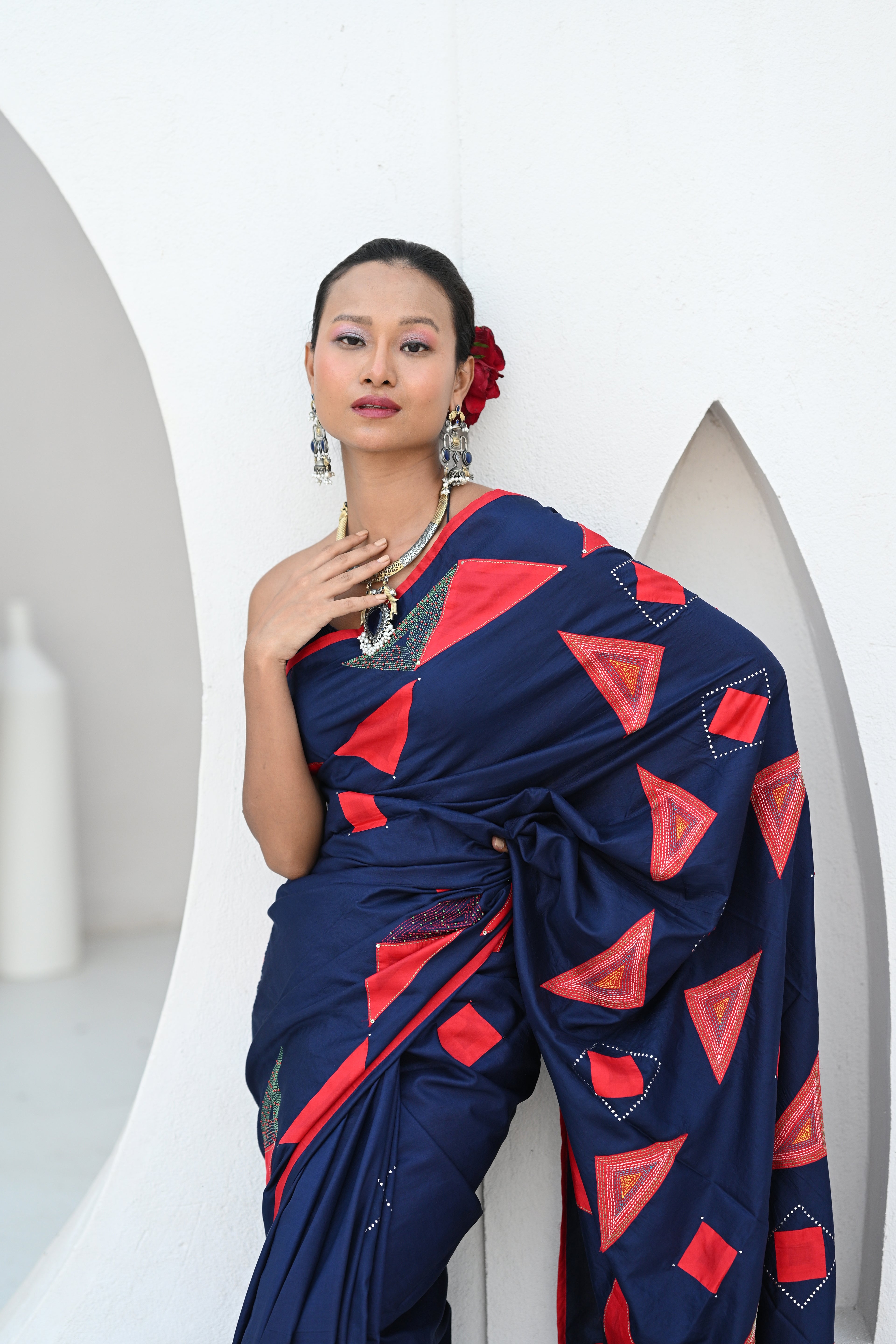 INDIGO BLUE WABI - SABI EMBROIDERED SAREE WITH TASSELS