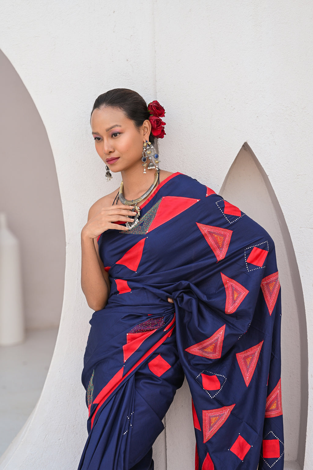 INDIGO BLUE WABI - SABI EMBROIDERED SILK SAREE WITH TASSELS