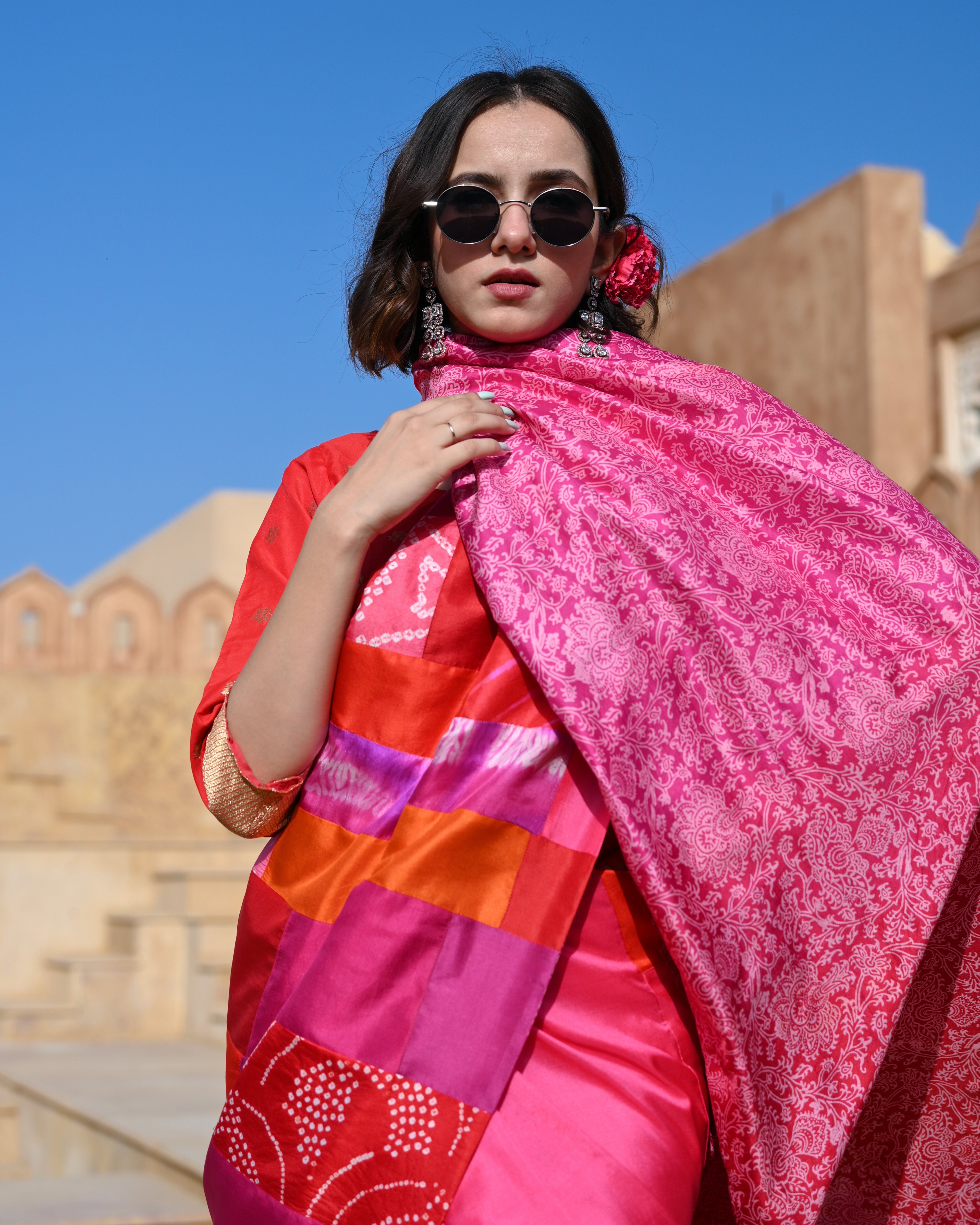 RED-PINK BAARADOZI PATCHWORK REVERSIBLE SILK SAREE