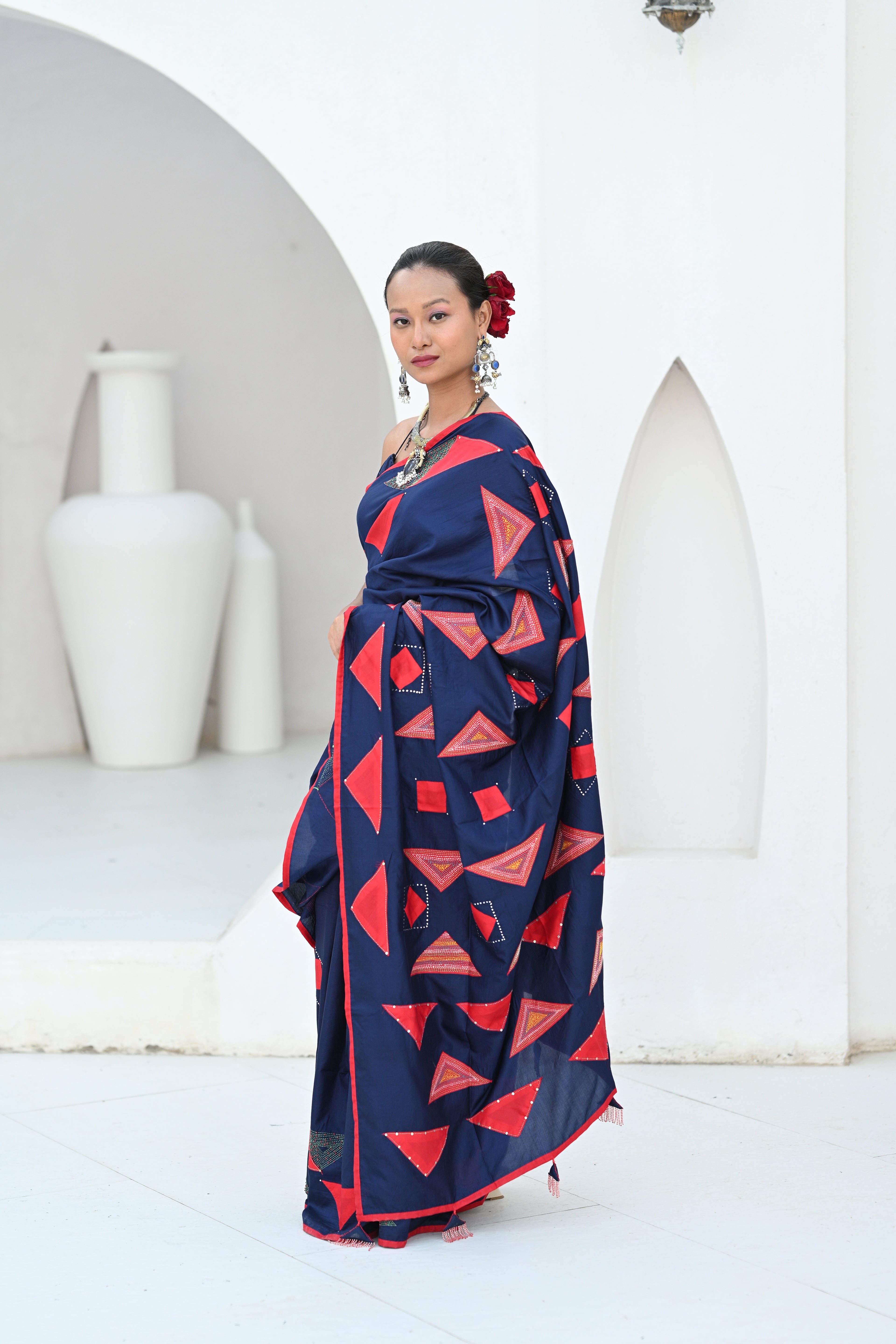 INDIGO BLUE WABI - SABI EMBROIDERED SAREE WITH TASSELS