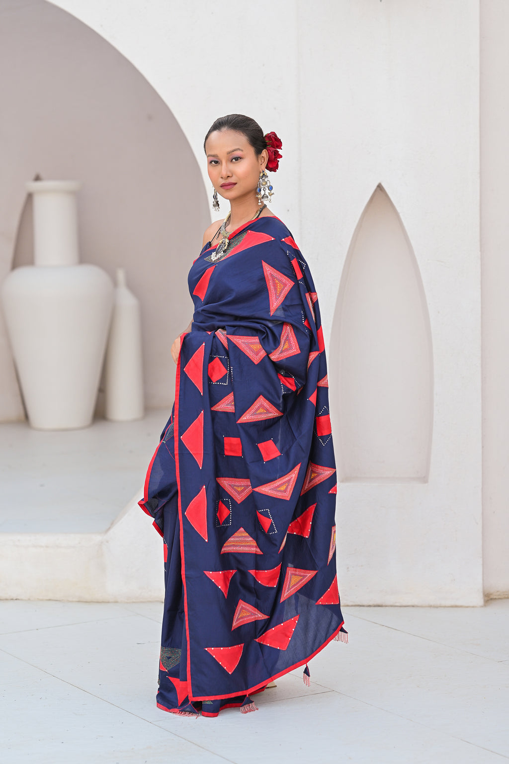 INDIGO BLUE WABI - SABI EMBROIDERED SILK SAREE WITH TASSELS