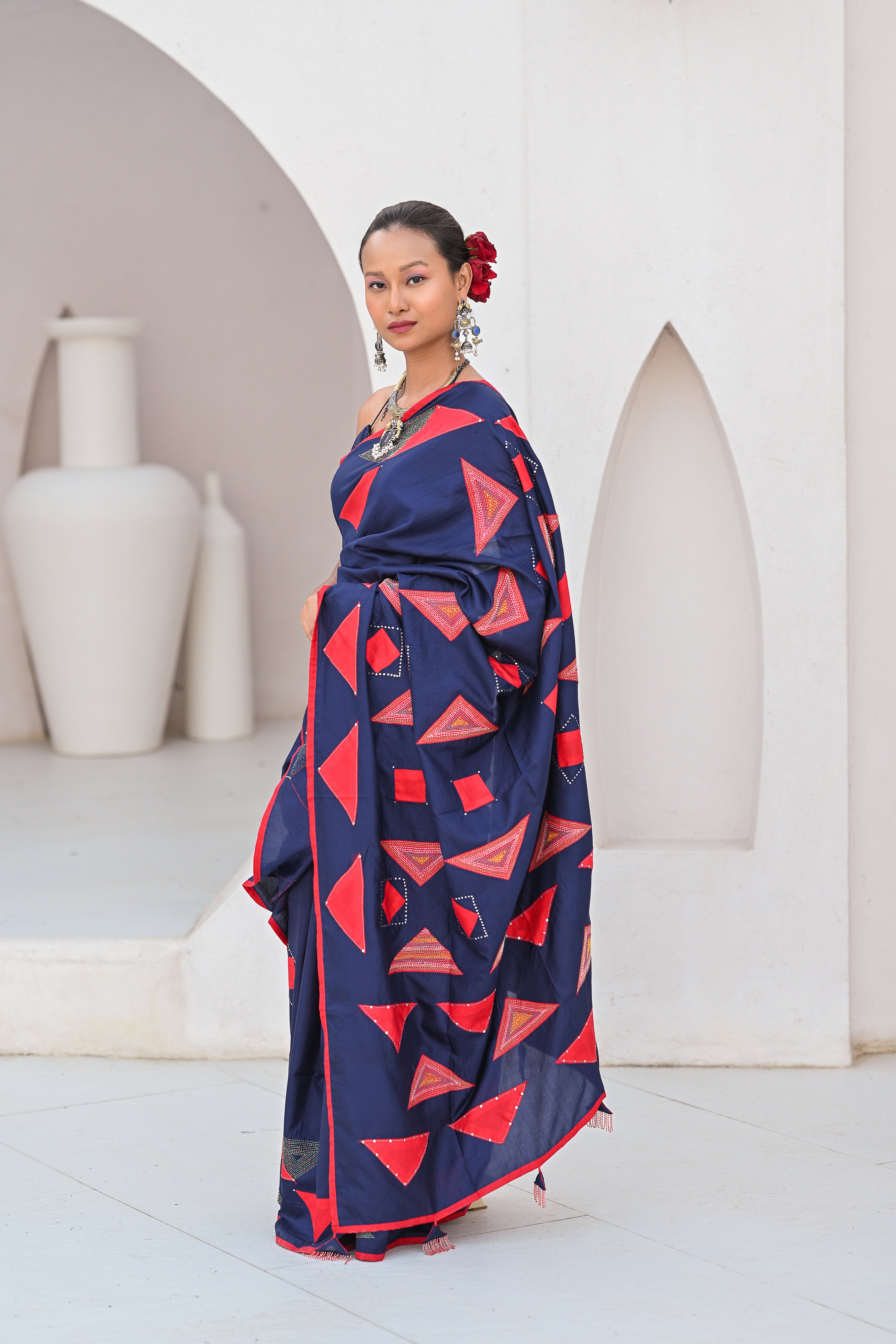 INDIGO BLUE WABI - SABI EMBROIDERED SILK SAREE WITH TASSELS