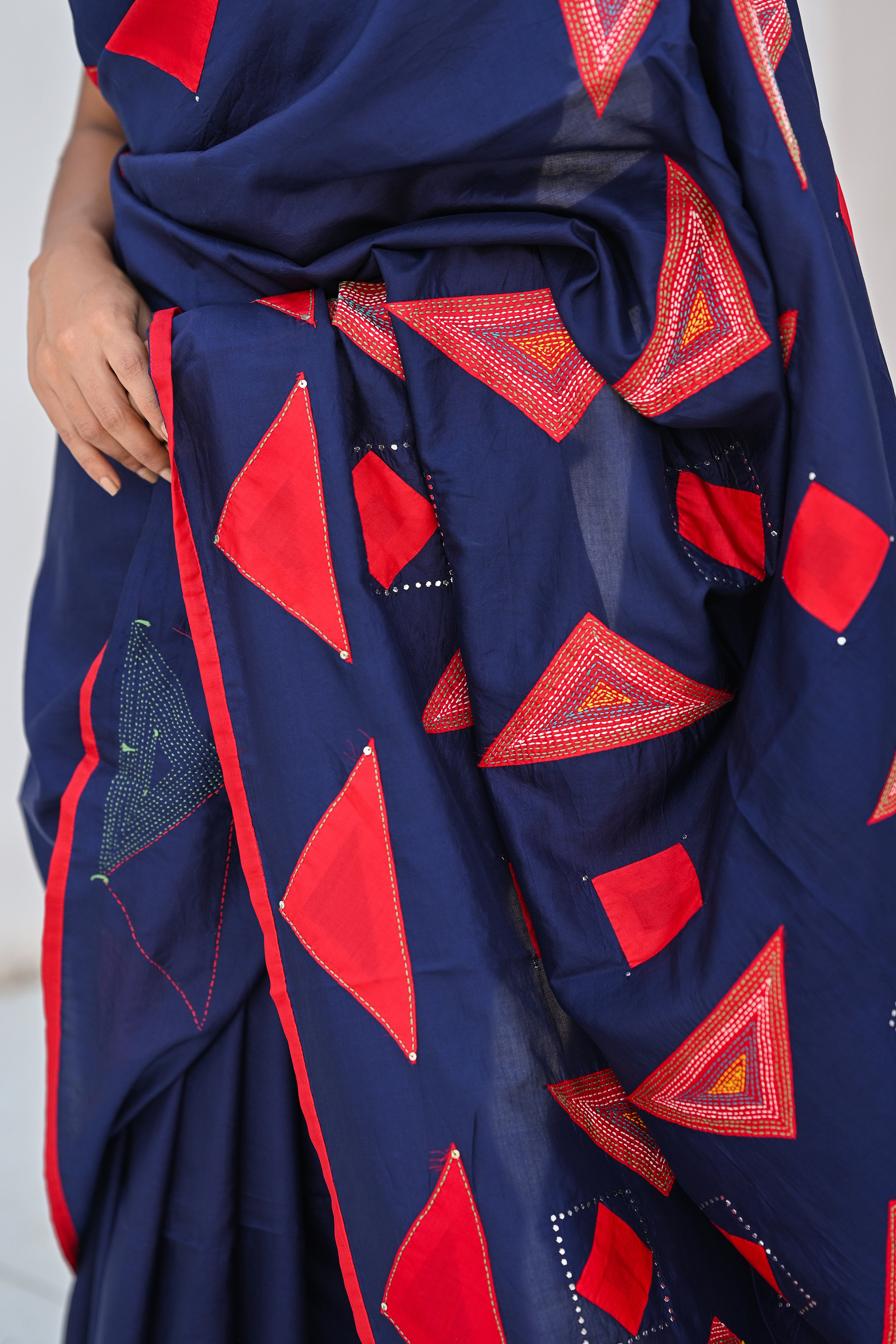 INDIGO BLUE WABI - SABI EMBROIDERED SILK SAREE WITH TASSELS